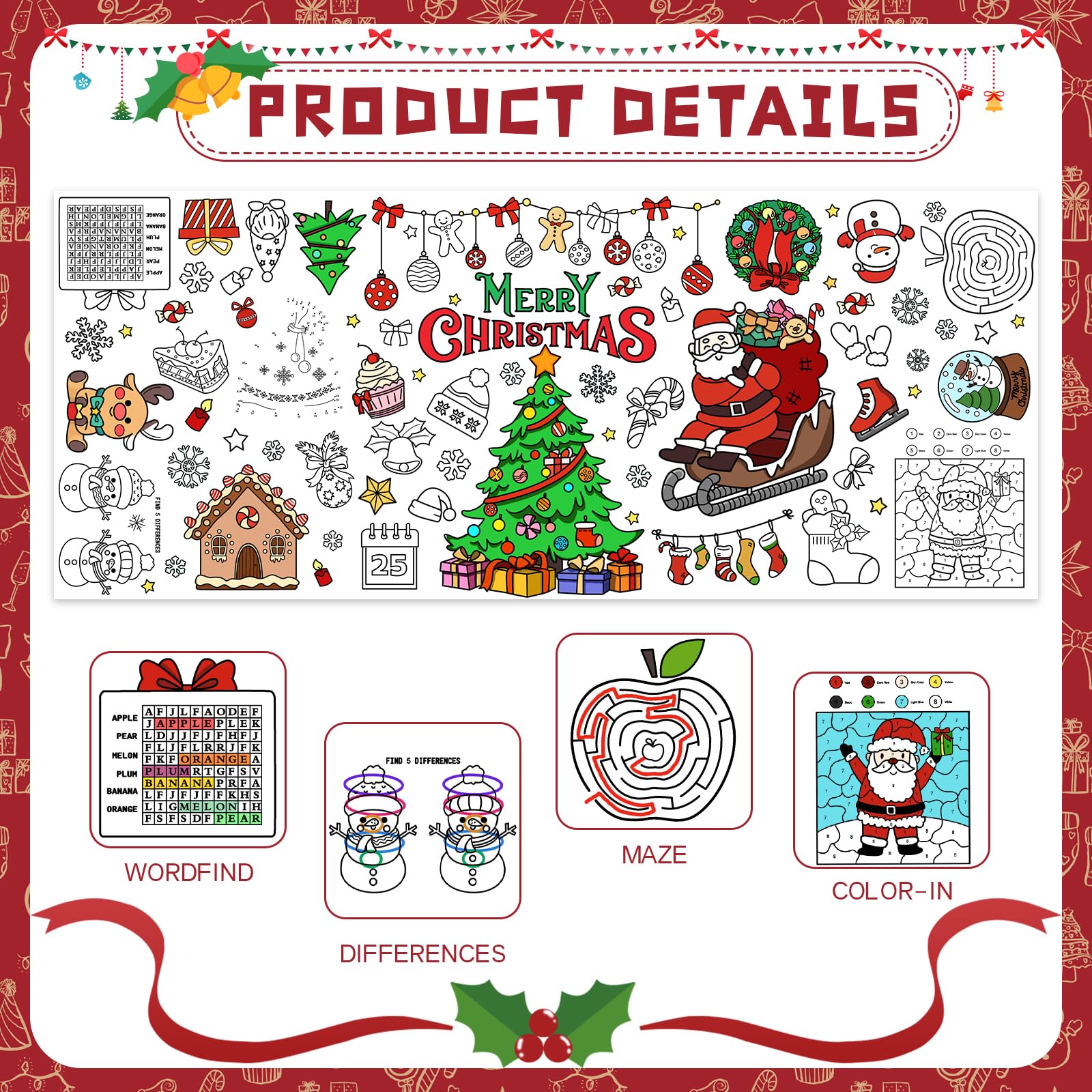 GULWAT Christmas Coloring Poster/Tablecloth 30 x 72 Inches Giant Merry Christmas Party Disposable Coloring Tablecloth for Kids Xmas Paper Favors Xmas