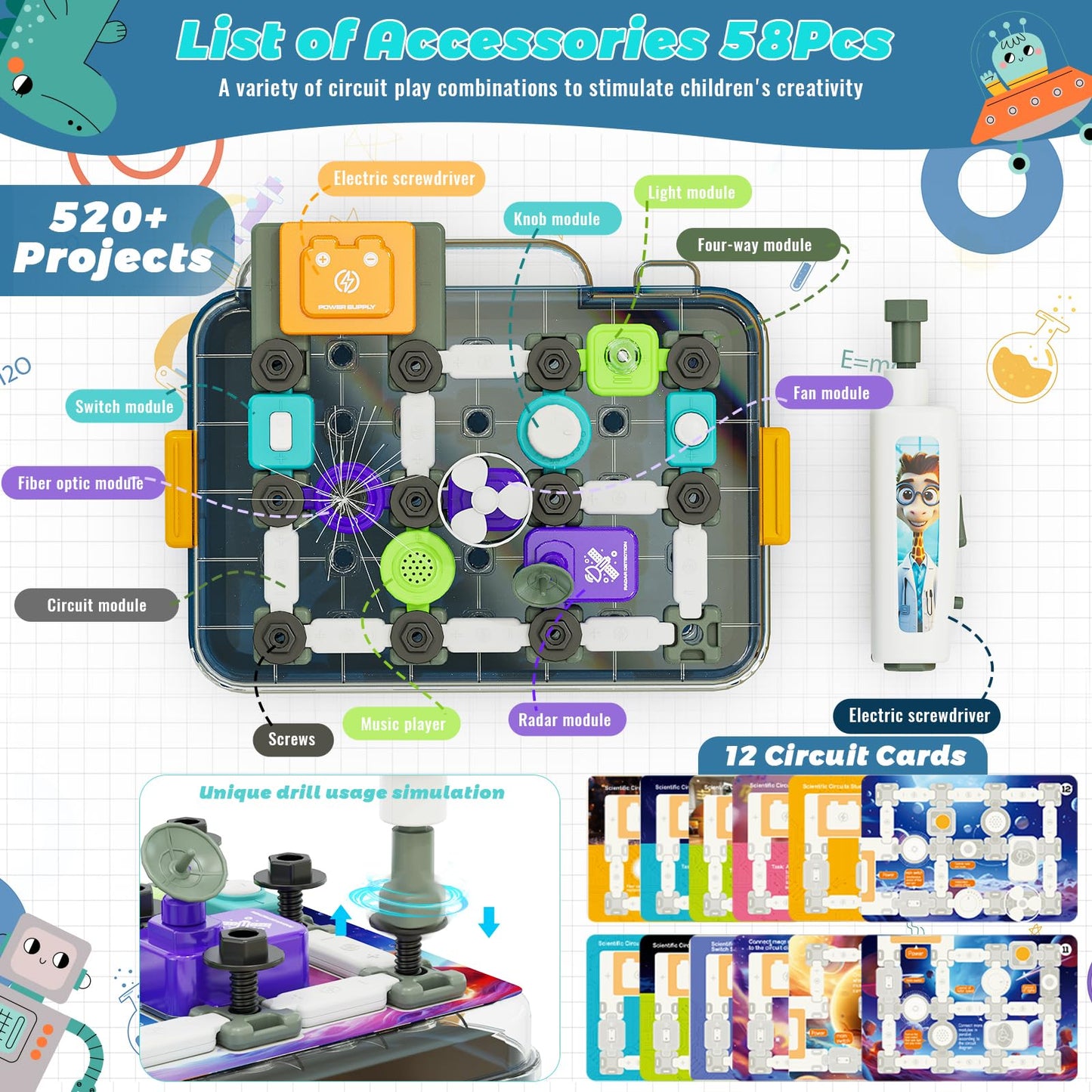 Science Kits for Kids Age 5-7 8-12, STEM Educational Learning Toys with 58 Circuit Parts, Over 520 Projects, Travel Sensory Table Fidget Toy for Boys