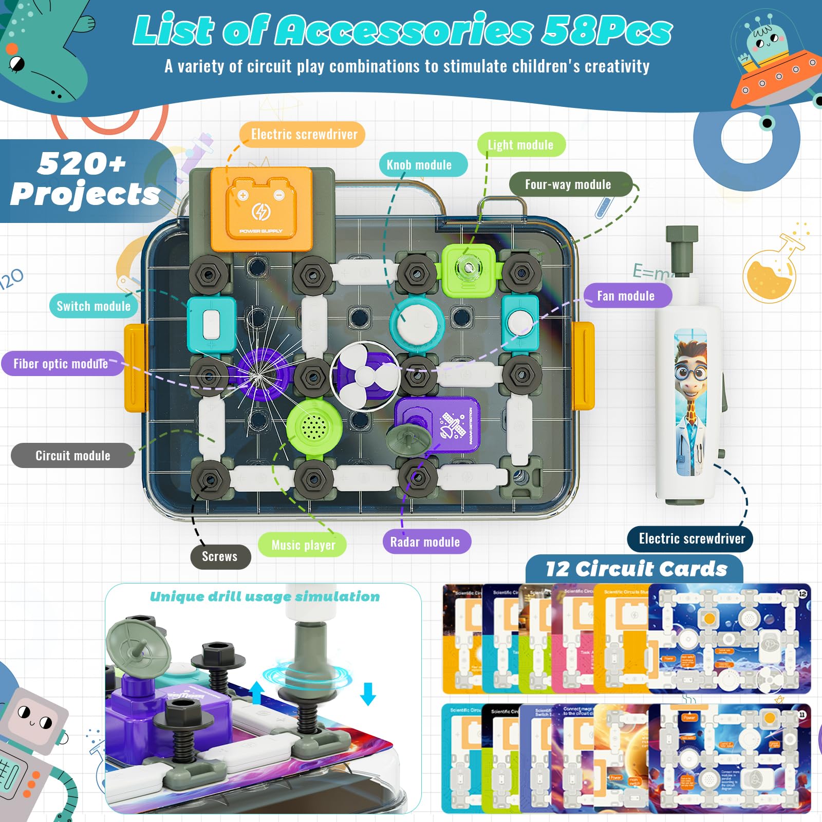 Science Kits for Kids Age 5-7 8-12, STEM Educational Learning Toys with 58 Circuit Parts, Over 520 Projects, Travel Sensory Table Fidget Toy for Boys