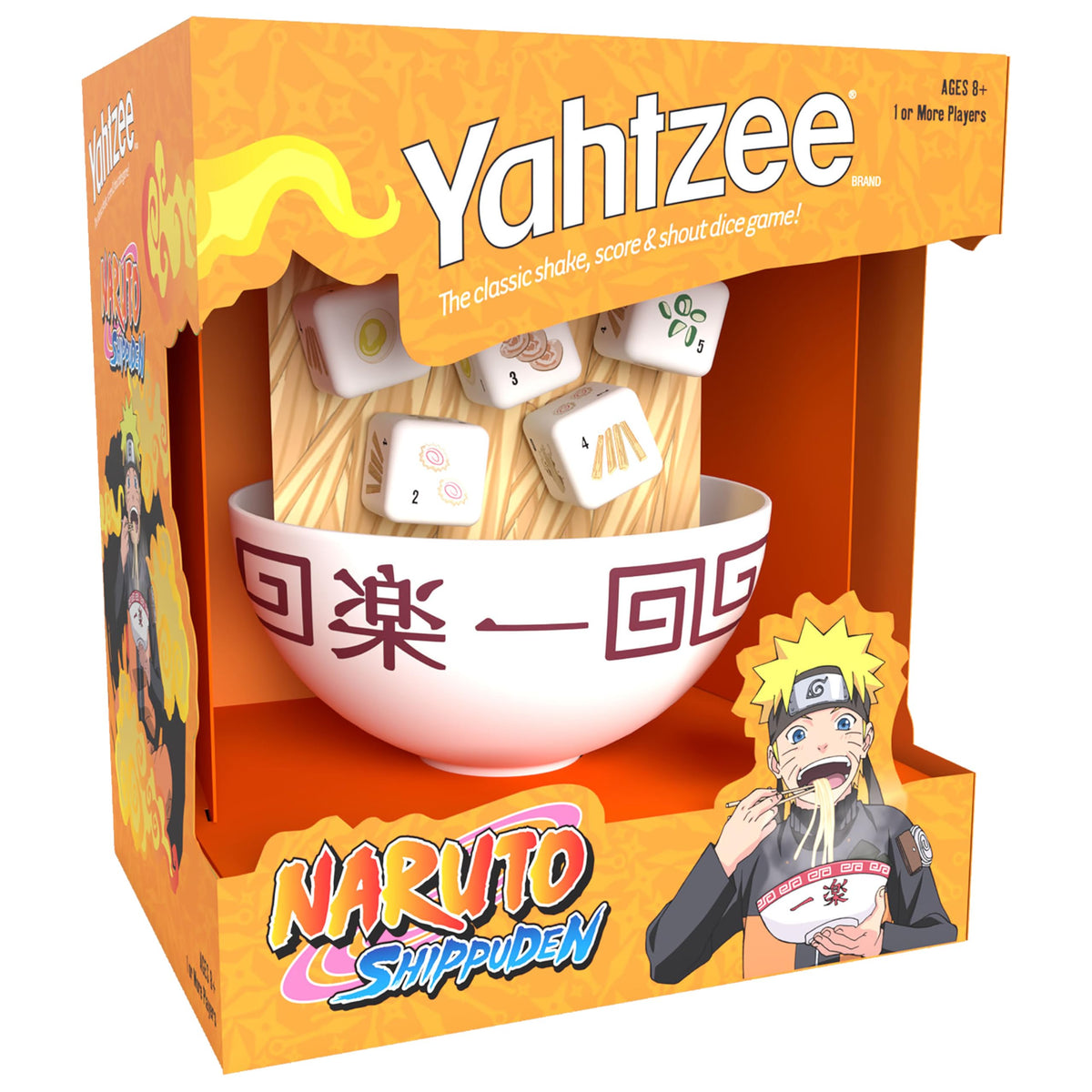 USAOPOLY YAHTZEE: Naruto Shippuden | Collectible Ramen Bowl Dice Cup | Classic Family Dice Game Based on Anime Show | Great for Family Game Night |
