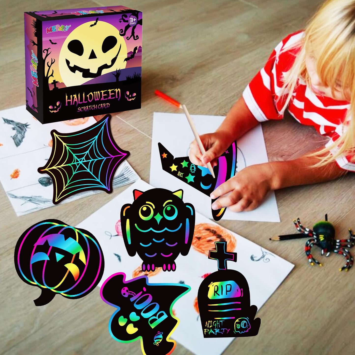 MGparty Scratch Paper Art for Kids - 96 Pcs Halloween Magic Rainbow Scratch Paper Off Cards Set for Kids Crafts Arts Supplies Halloween Party Games