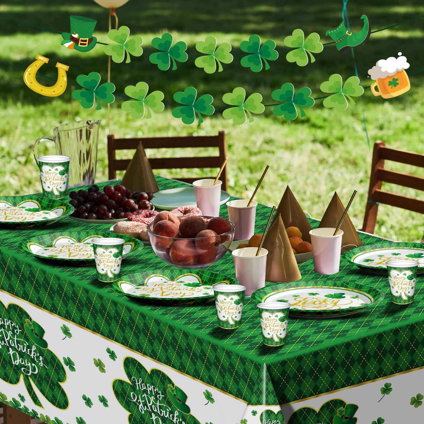 St. Patrick's Day Party Supplies Tableware Set Irish Themed Tableware with Lucky Shamrock Paper Plates Napkins Cups Tablecloth Banner for St