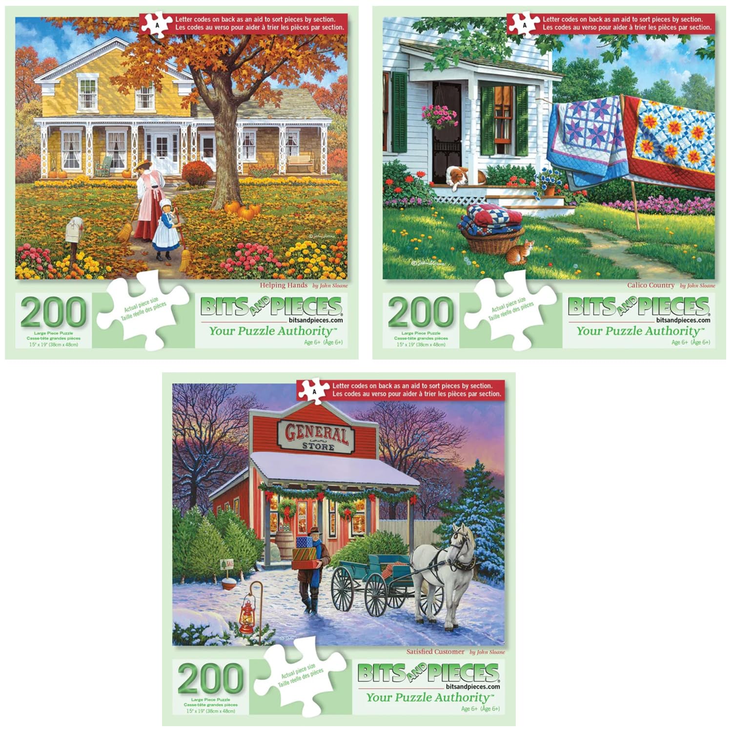 Bits and Pieces 200 Piece Puzzles for Adults - John Sloane 3-Pack - 200 Extra Large Pieces 15" x 19" Jigsaw Puzzles, Rustic Country Americana, No 2