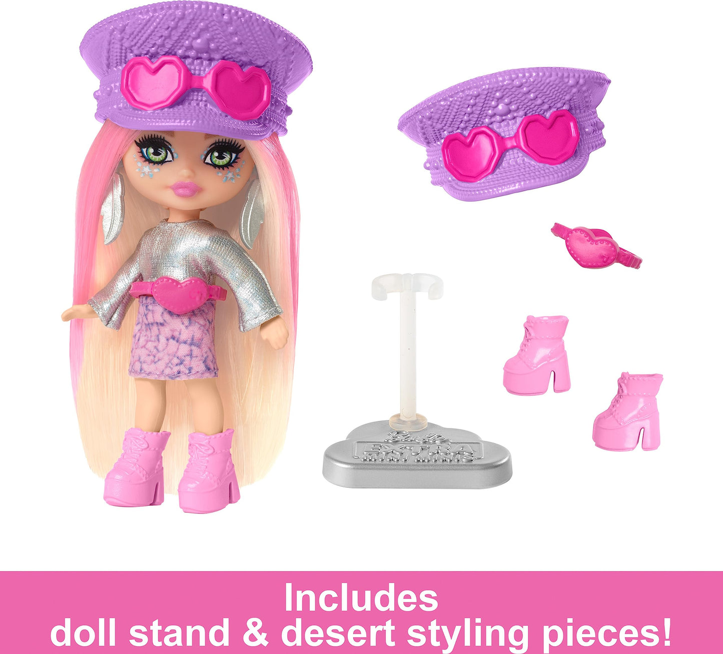 Barbie Extra Mini Minis Travel Doll with Pink & Blonde Hair, Fringe Top, Pastel Mini Skit & Desert-Themed Accessories