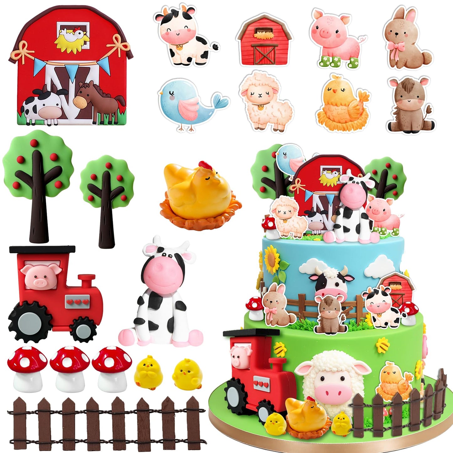 20Pcs Farm Cake Decorations Farm Cake Topper for Animal Farm Baby Shower Supplies