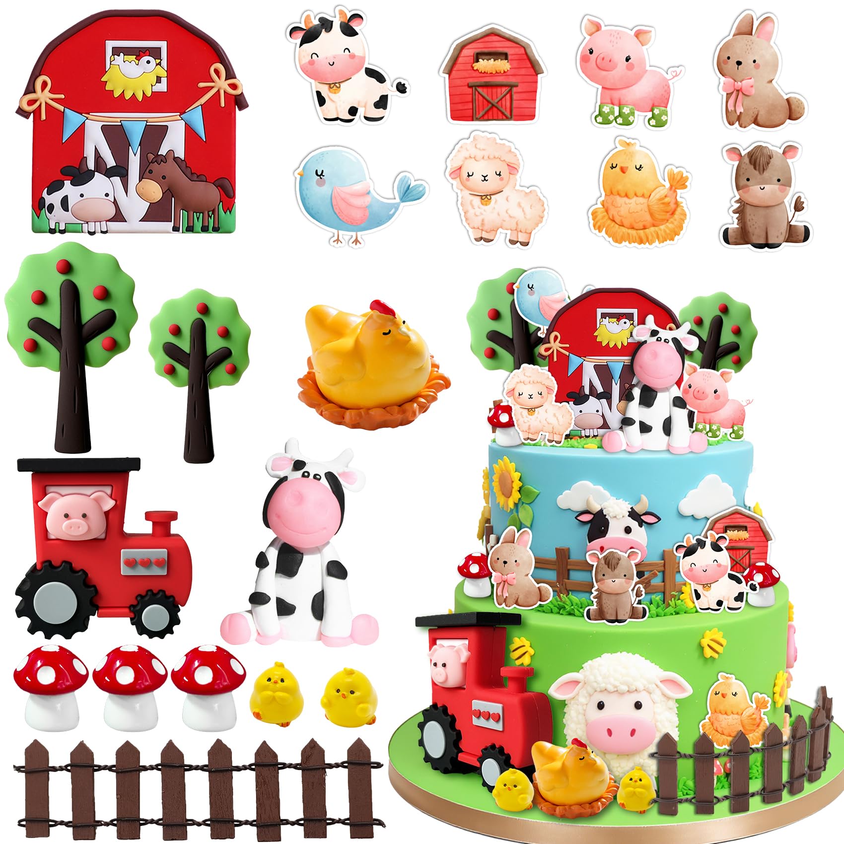 20Pcs Farm Cake Decorations Farm Cake Topper for Animal Farm Baby Shower Supplies