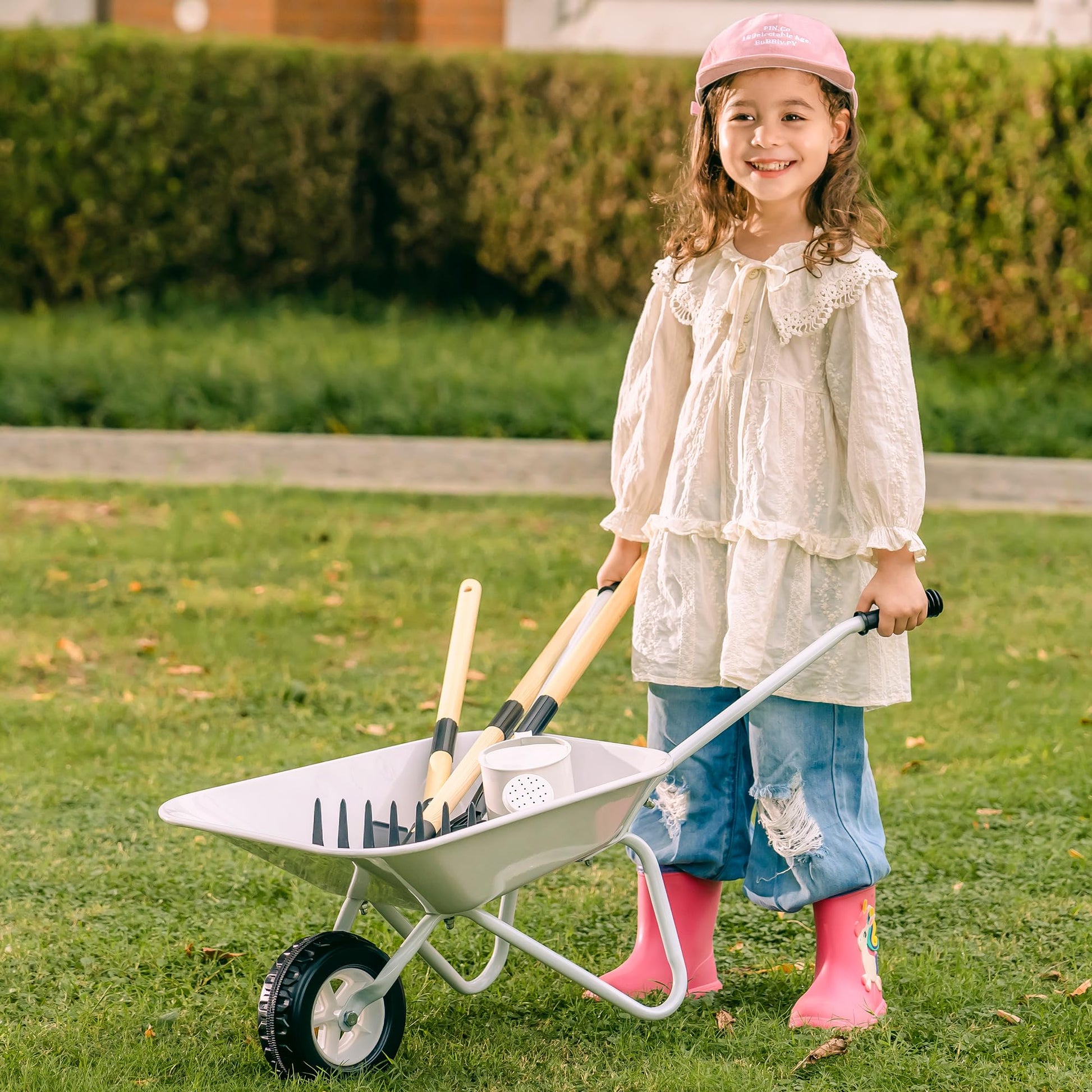 ROBOTIME Kids Wheelbarrow with Gardening Set - Metal Wheelbarrow Toddler Outdoor Play Toy with Garden Tools, Watering Can & Plant Labels, Pretend Play