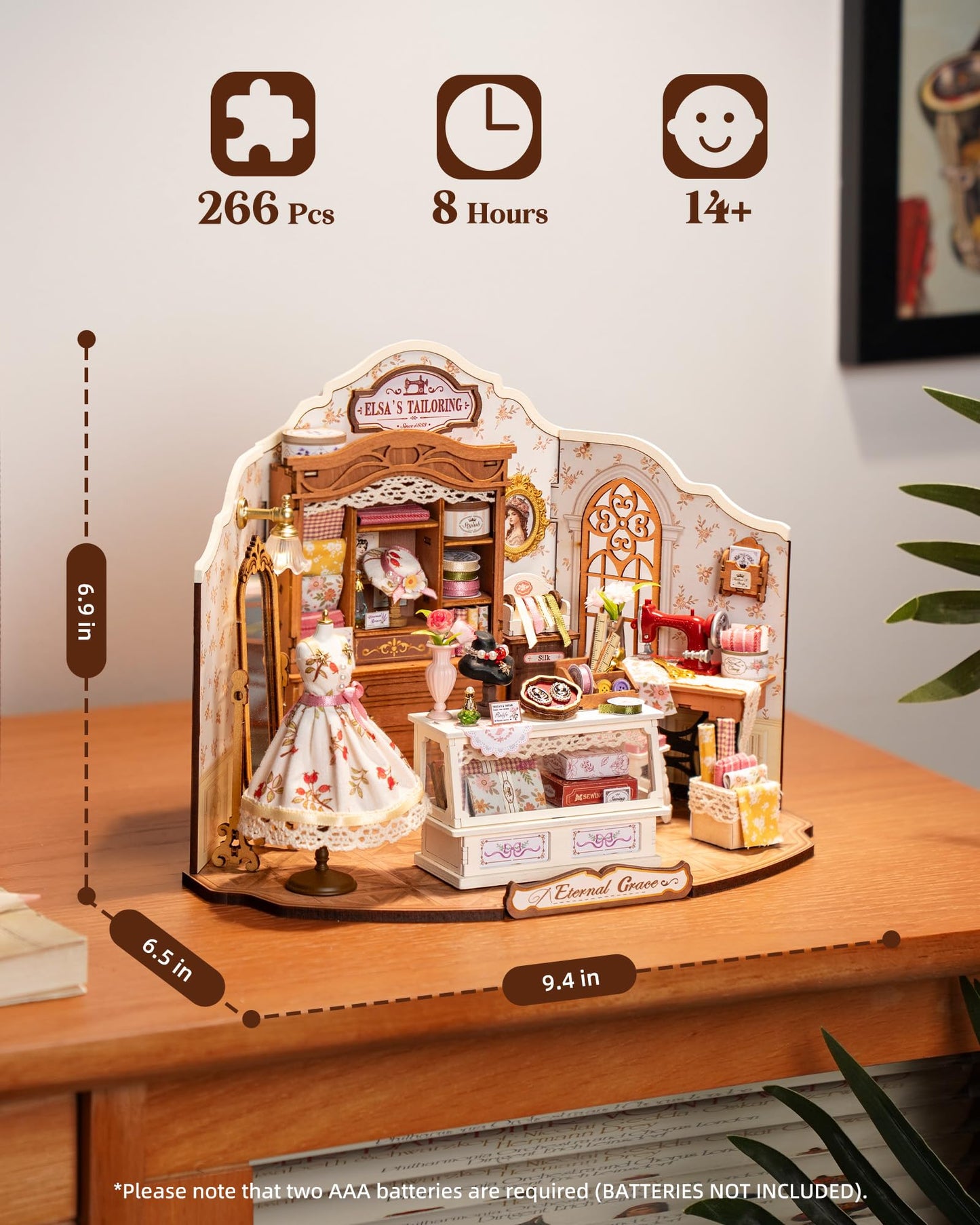 ROBOTIME DIY Miniature House Kit, Elsa’s Tailoring Dollhouse Kit, Mini Wooden Furniture Kit for Adults, Sewing Shop Building Model, Creative Craft