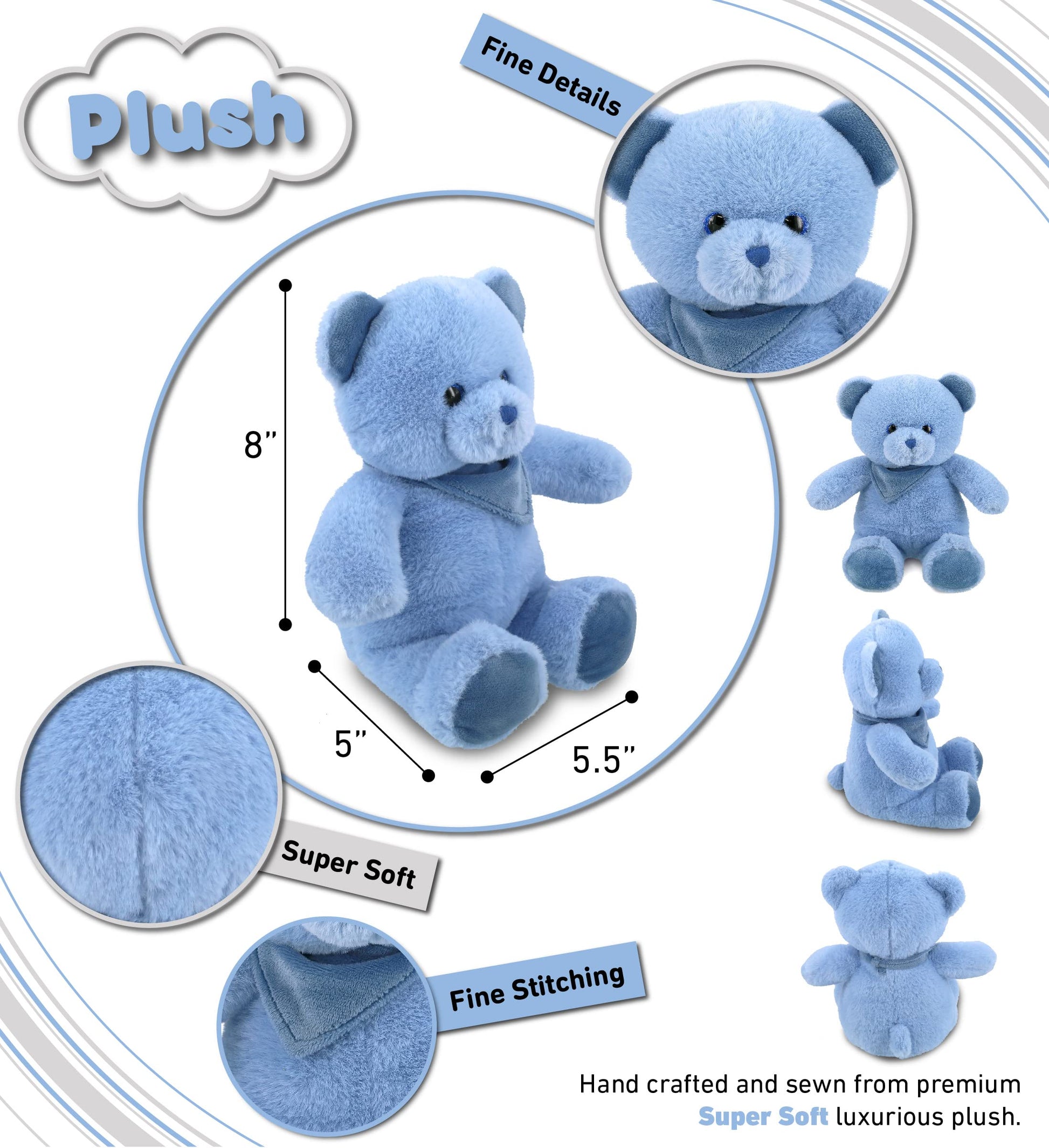 DolliBu Plush Bear Stuffed Animal - Soft Huggable Baby Blue Bear, Adorable Playtime Plush Toy, Cute Wildlife Cuddle Gifts for Kids and Adults - 8