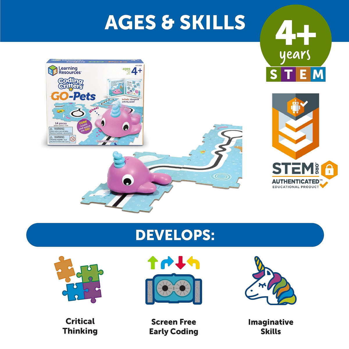 Learning Resources Coding Critters Go Pets Dipper the Narwhal - 14 Pieces, Ages 4+ Screen-Free Early Coding Toy For Kids, Interactive STEM Coding Pet,