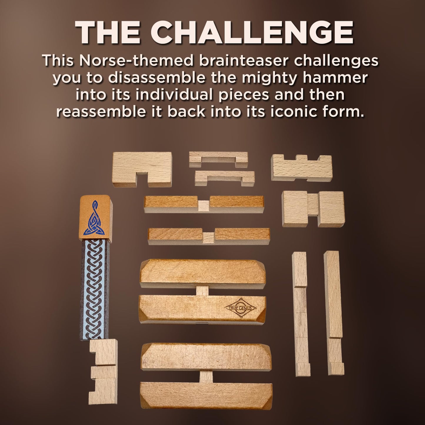 Project Genius Inc. Thor's Hammer - Wooden Puzzle, Medium Difficulty, Disassemble and Reassemble This Norse-Themed brainteaser Based on Thor's famed