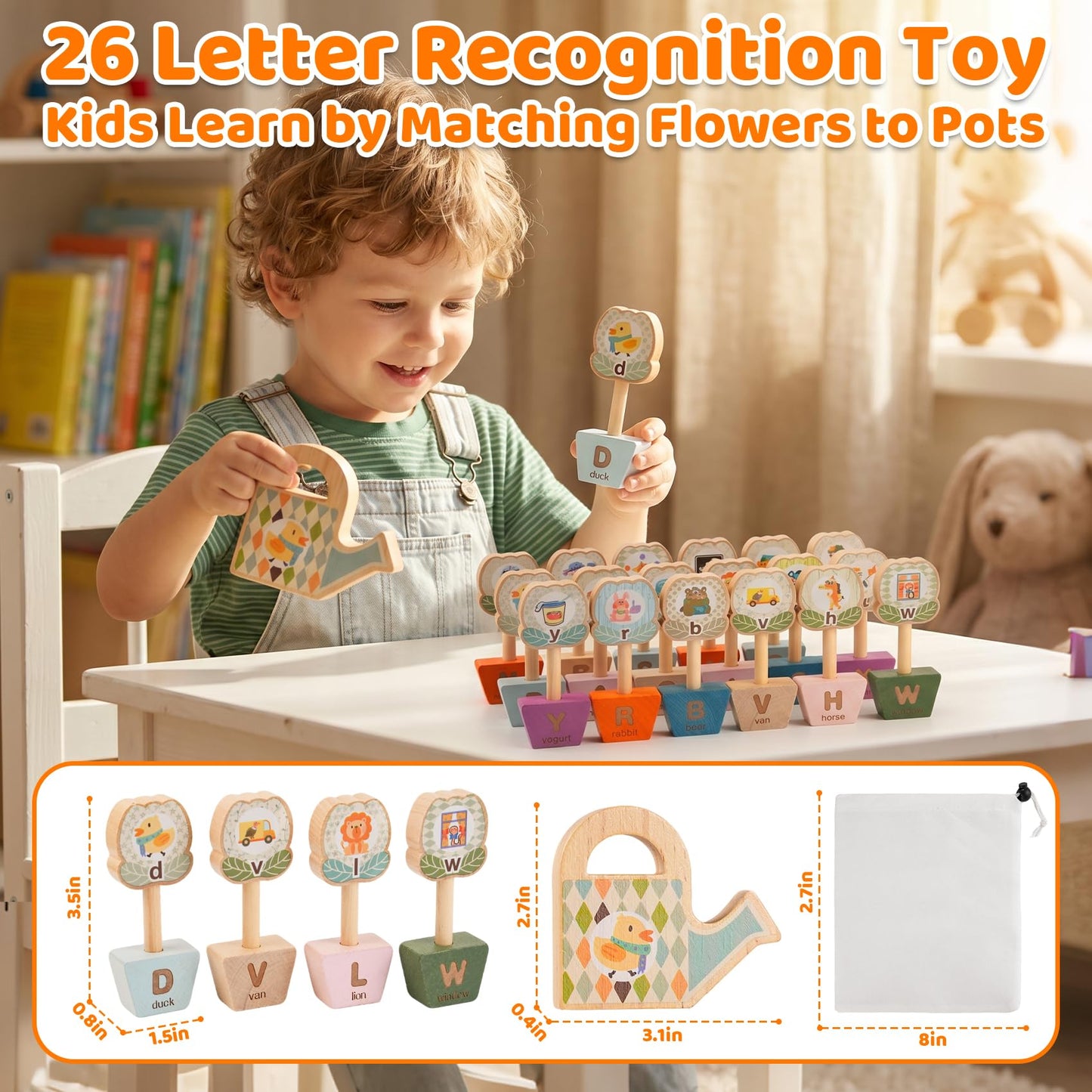 ODRIEW ABC Alphabet Puzzle Toys, Toddler Learning Preschool Toys, Wooden Flower Montessori Educational Toy with Storage Bag, Matching Games