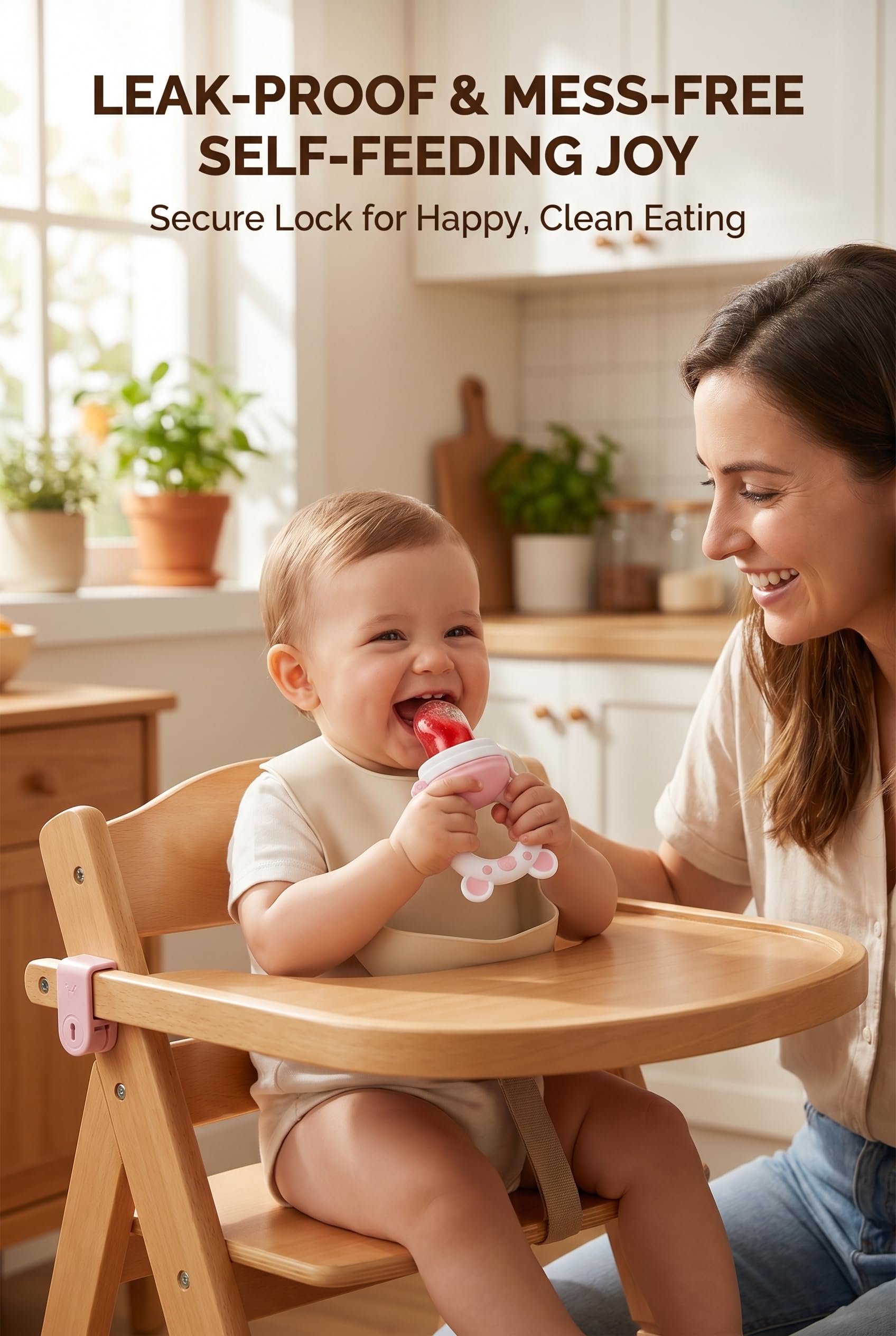 JOCHEBED Baby Fruit Food Feeder Pacifier, Silicone Teething Relief Toy, 2-Pack with 6 BPA-Free Pouches, Light Pink, 3-24 Months