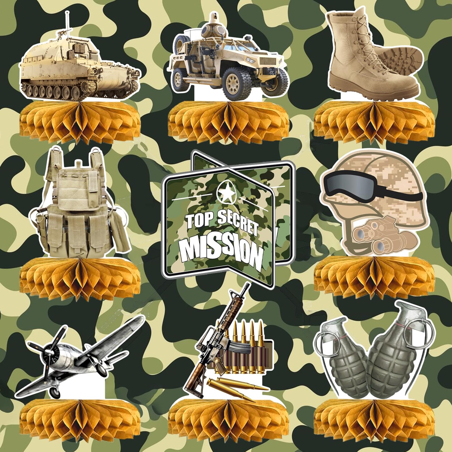Army Party Decorations Centerpieces, 3D Tank Honeycomb, Military Table Decorations, Army Birthday Party Decorations for Baby Shower Camo Birthday