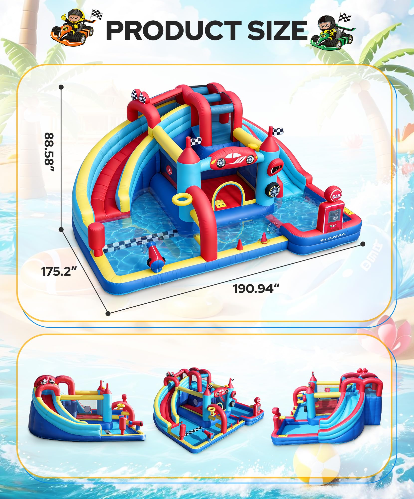 ELEMARA Speed Racer 15-in-1 Inflatable Water Slide Bounce House for Big Kids, 191x175in Double Slide Water Park w/Climbing Wall, Splash Pool,Water