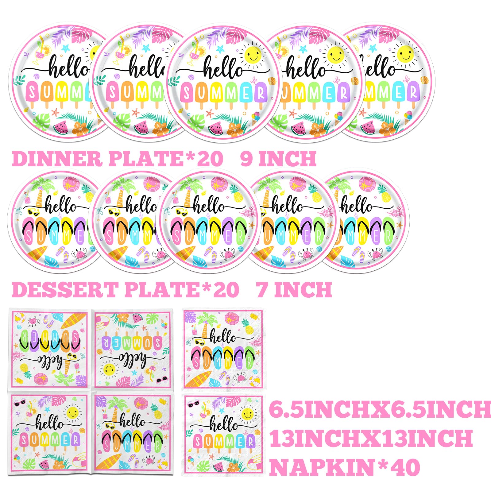 Hello Summer Party Decorations, Beach Party Supplies include Hello Summer Plates and Napkins, Disposable Dinnerware set for Hawaiian, Pool Party