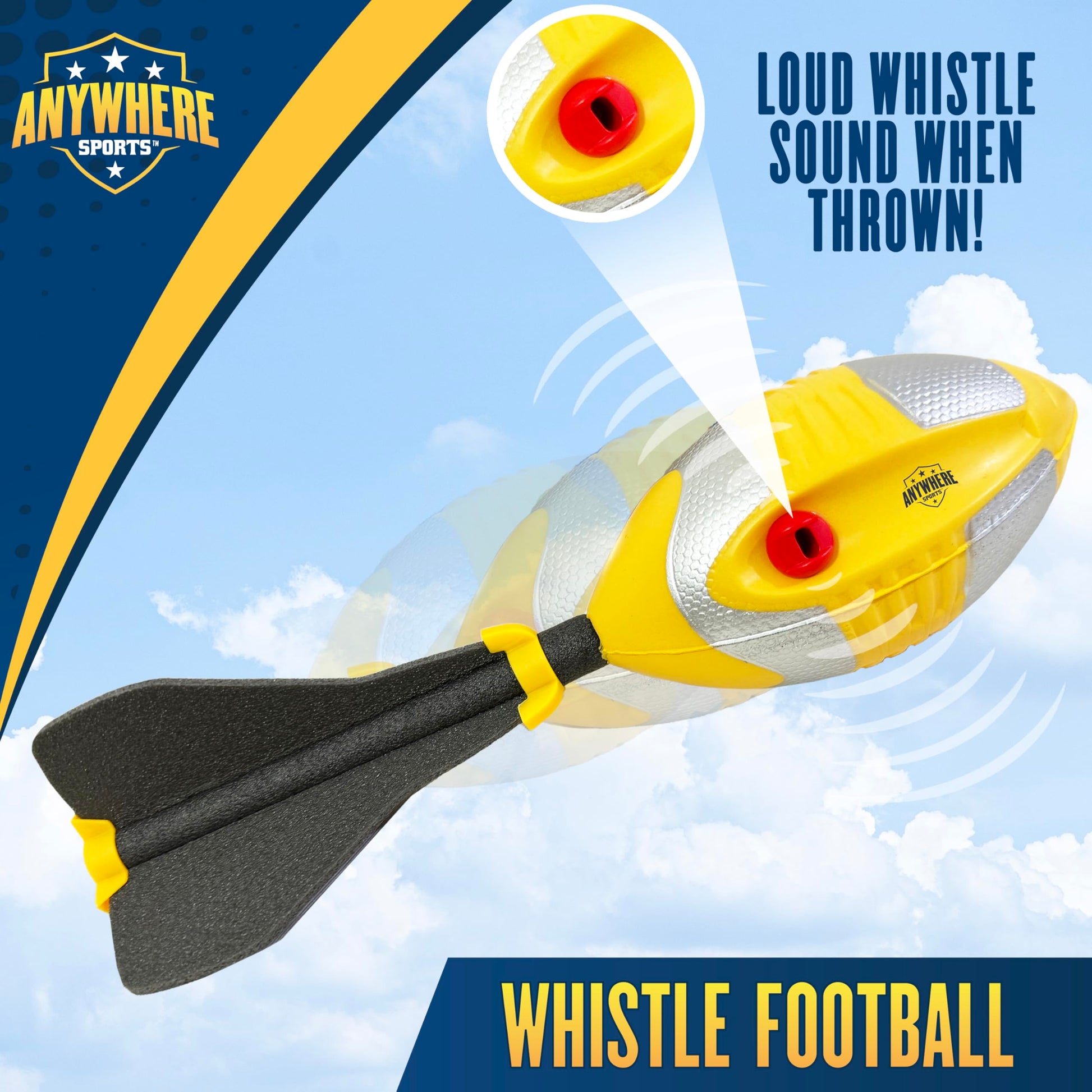 Anywhere Sports Soft Foam Whistle Football (12-Inch Kid Size, Bright Yellow & Silver Trim) - Fun Whistling Sound, Great Practice Ball for Kids