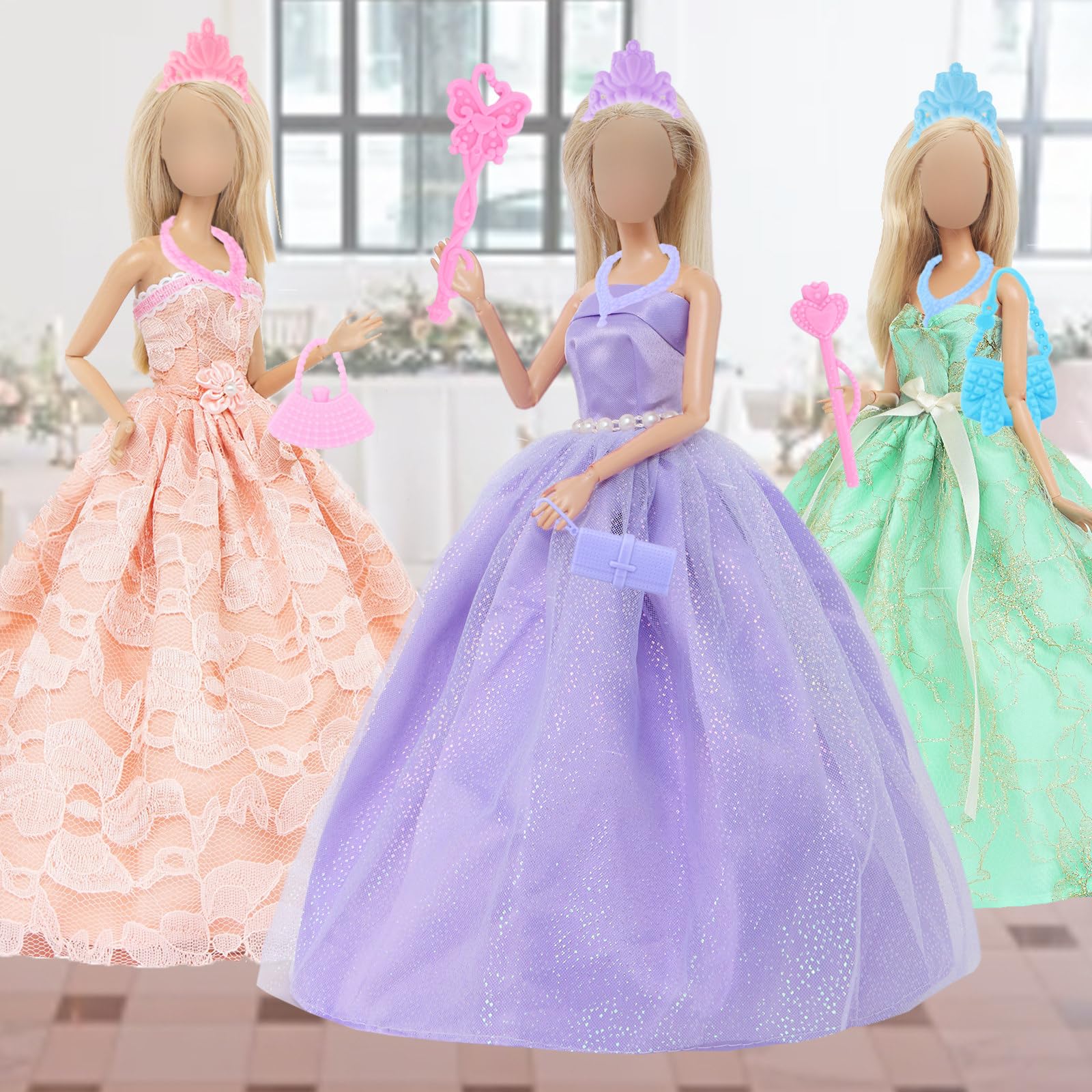 17 Pcs Wedding Clothes and Accessories for 11.5 inch Doll Set, 3 Pcs Fashion Party Gown Dresses 14 pcs Shoes, Crowns, Necklaces, Handbag, Fairy Wands