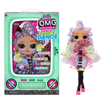 L.O.L. Surprise! OMG Dance Miss Royale Fashion Doll with 15 Surprises Including Magic Black Light, Shoes, Hair Brush, Doll Stand and TV Package - for