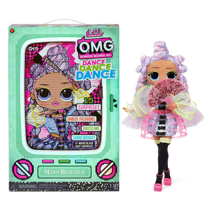 L.O.L. Surprise! OMG Dance Miss Royale Fashion Doll with 15 Surprises Including Magic Black Light, Shoes, Hair Brush, Doll Stand and TV Package - for