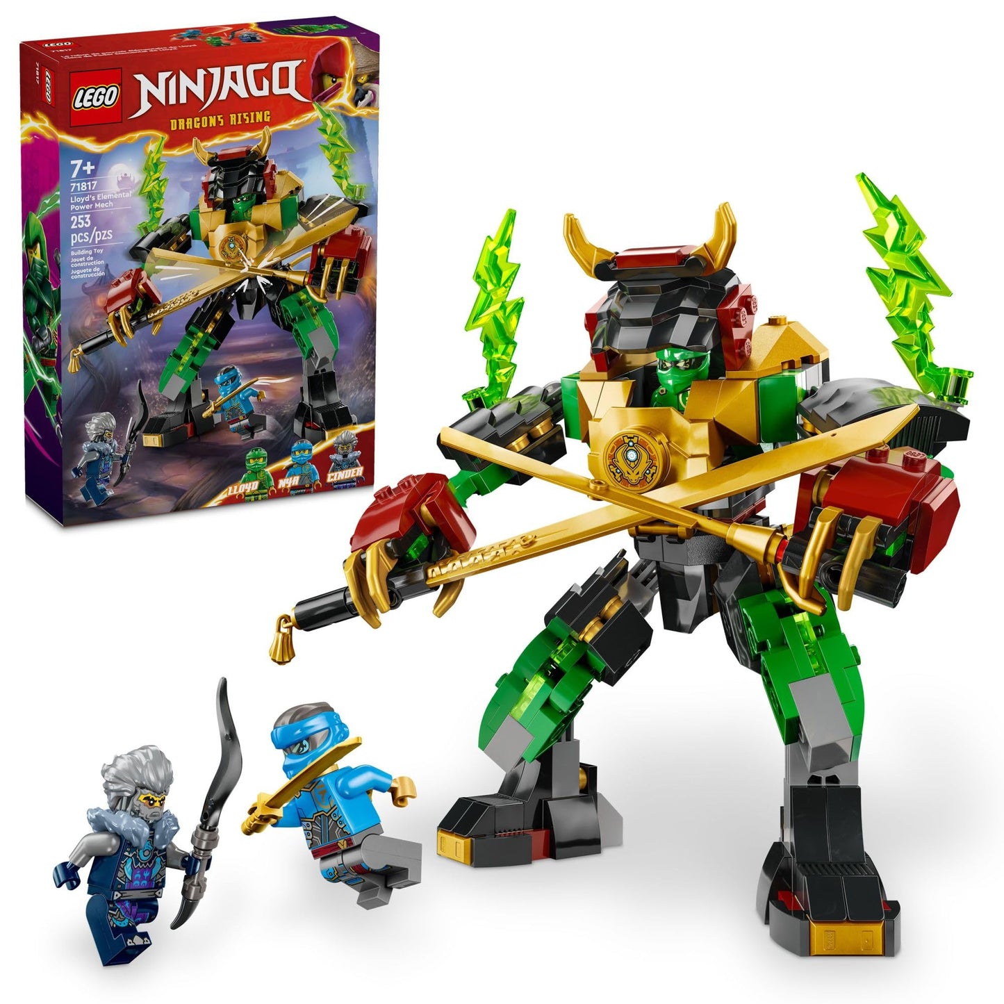 LEGO NINJAGO Lloyd’s Elemental Power Mech Customizable Battle Toy with 3 Ninja Action Figures, Adventure Playset for Boys and Girls, Ninja Gift Idea