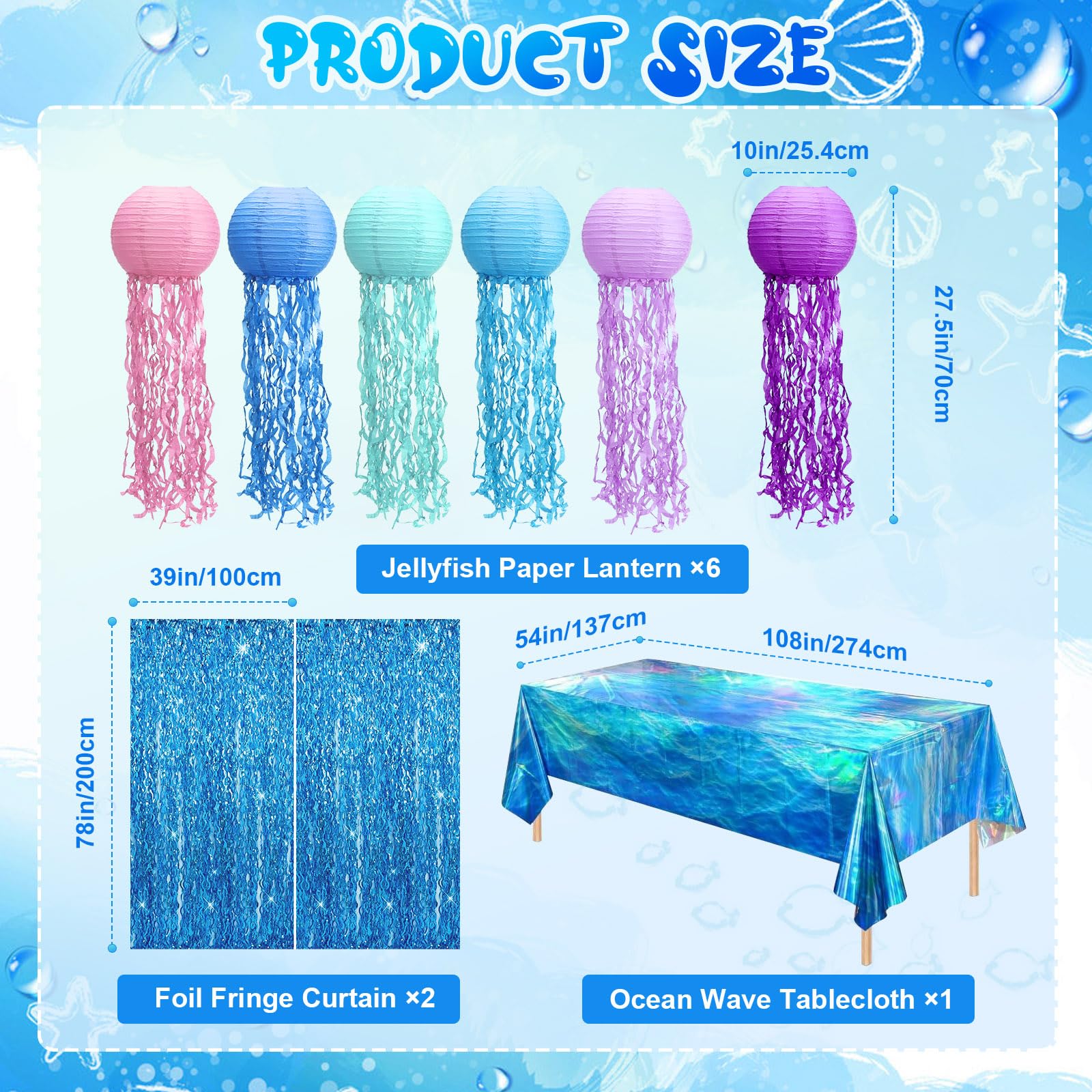 Fufuddz Under The Sea Party Decorations, Ocean Themed Party Decorations with Jellyfish Decor Blue Fringe Backdrop Tablecloth for Classroom Decor Beach