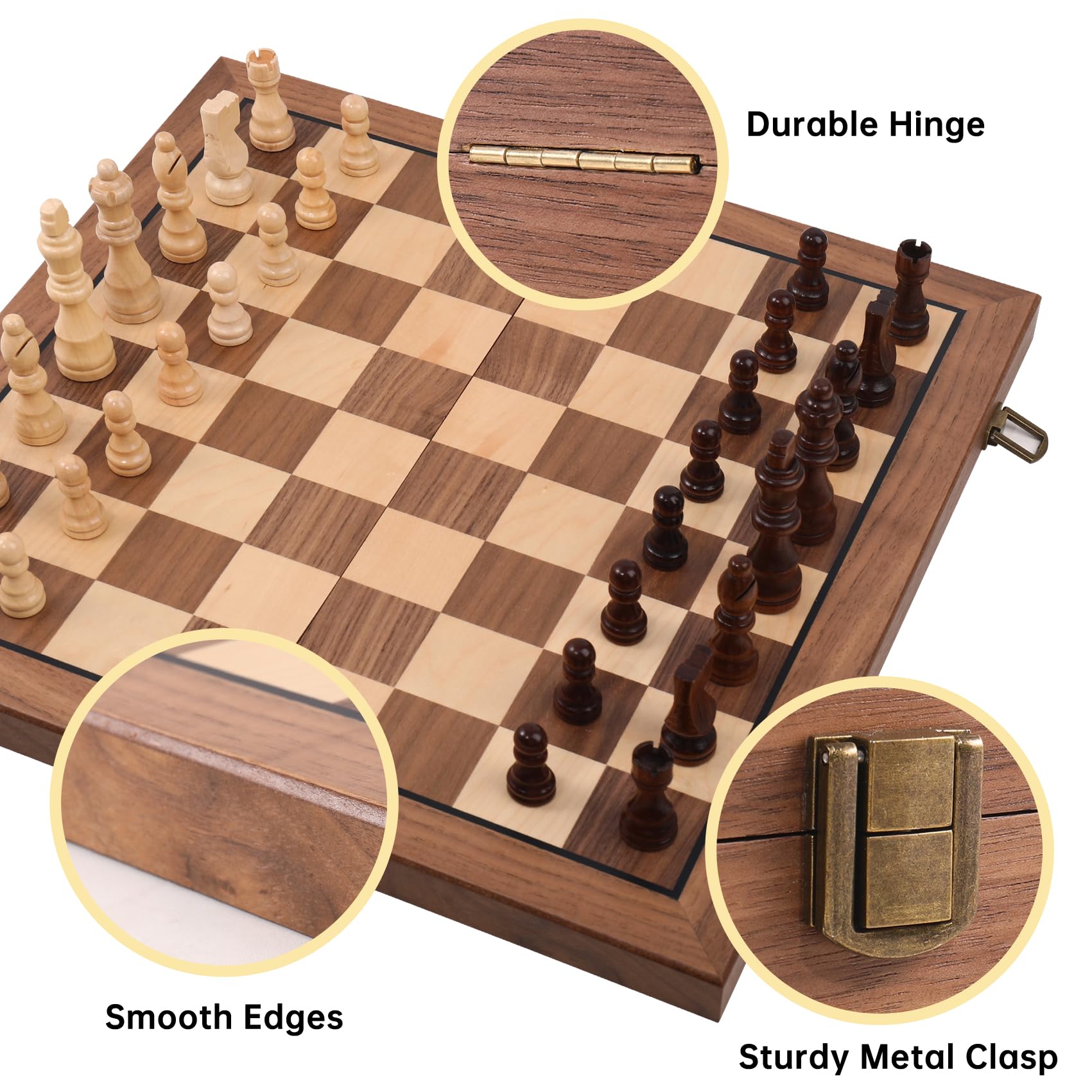 Ajedrez Magnetic Wooden Chess Set, 15" Walnut Folding Chess Board with Handcrafted Pieces 2 Extra Queens, Portable Travel Chess Board Game for Adults