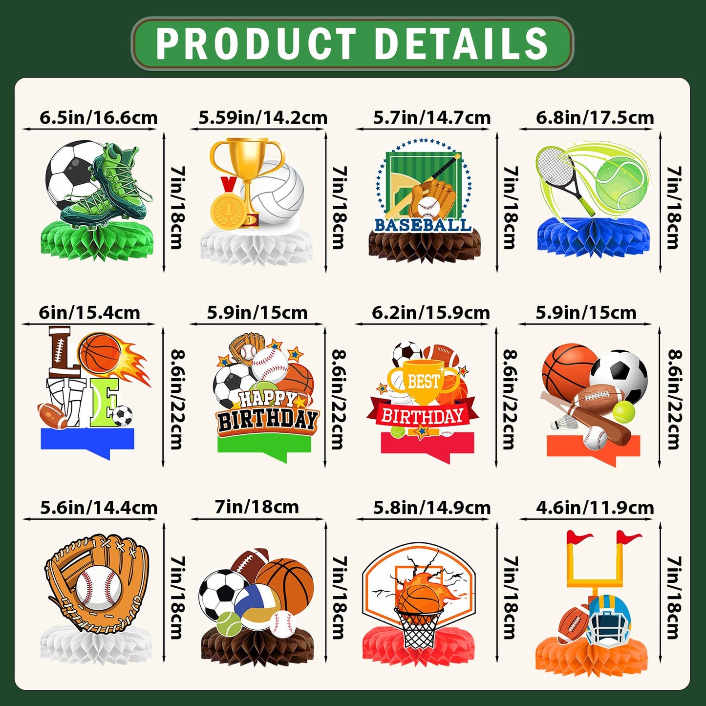 12 Pcs Sports Birthday Party Decorations Honeycomb Centerpices for Sports Themed Party Decorations