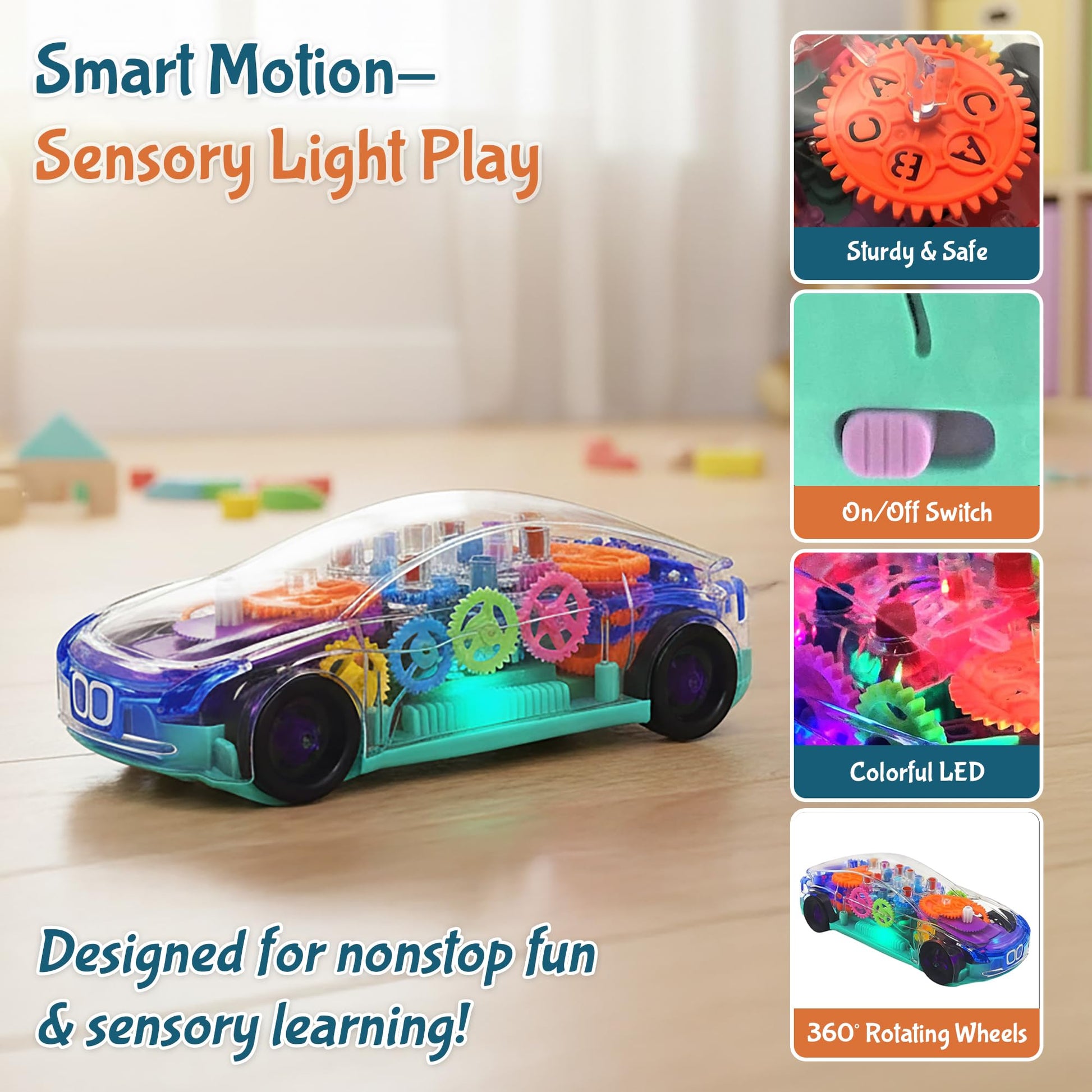 TOOTY TOY Transparent Sensory Gear Toy Car for Kids, Bump & Go Toy Car with Colorful Moving Gears, Music & LED Lights, Interactive Light Up Toys