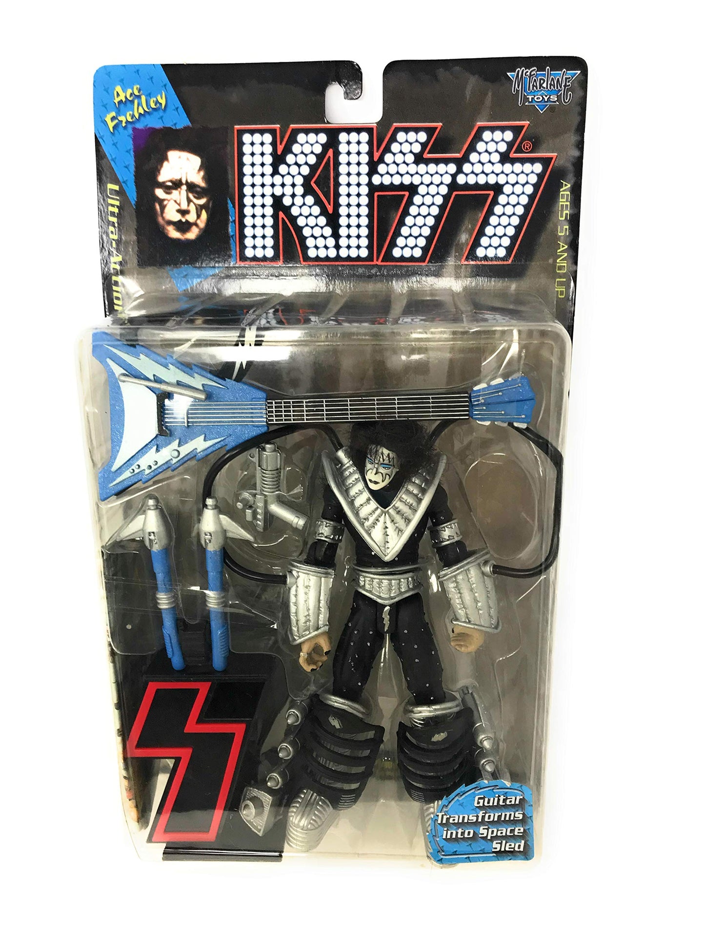 1997 - McFarlane - KISS - Ace Frehley : Space Ace - Ultra Action Figure - 7 Inches - With Guitar Transforms to Space Sled & Letter S - Out of