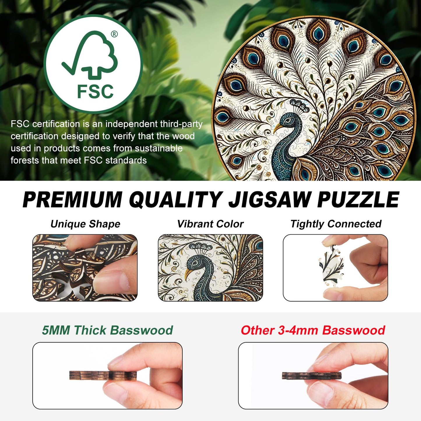 Peacock Wooden Puzzles for Adults, 200pcs Wooden Jigsaw Puzzles for Adults, Peacock Unique Shaped Jigsaw Puzzles Creative Gift for Friend Family Game