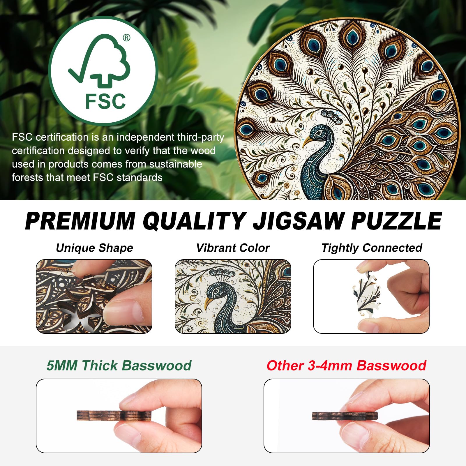 Peacock Wooden Puzzles for Adults, 200pcs Wooden Jigsaw Puzzles for Adults, Peacock Unique Shaped Jigsaw Puzzles Creative Gift for Friend Family Game