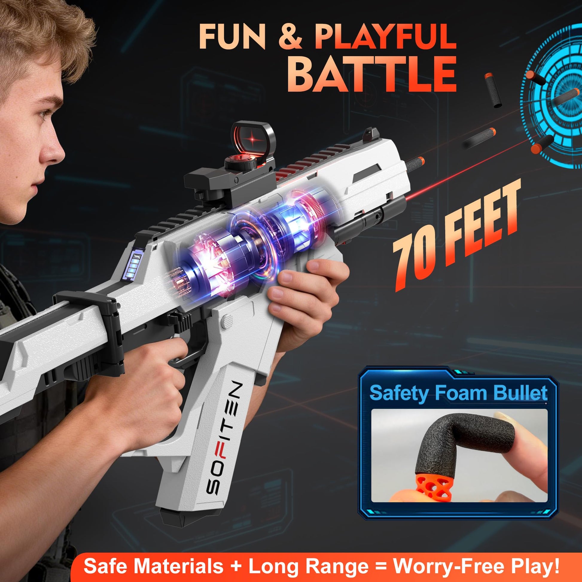 SOFITEN Toy Gun Automatic Sniper Rifle Tactical Vest Toy Foam Blaster with Flashlight Foldable Stock The Shooting Activity Game for Kids Age 8-12