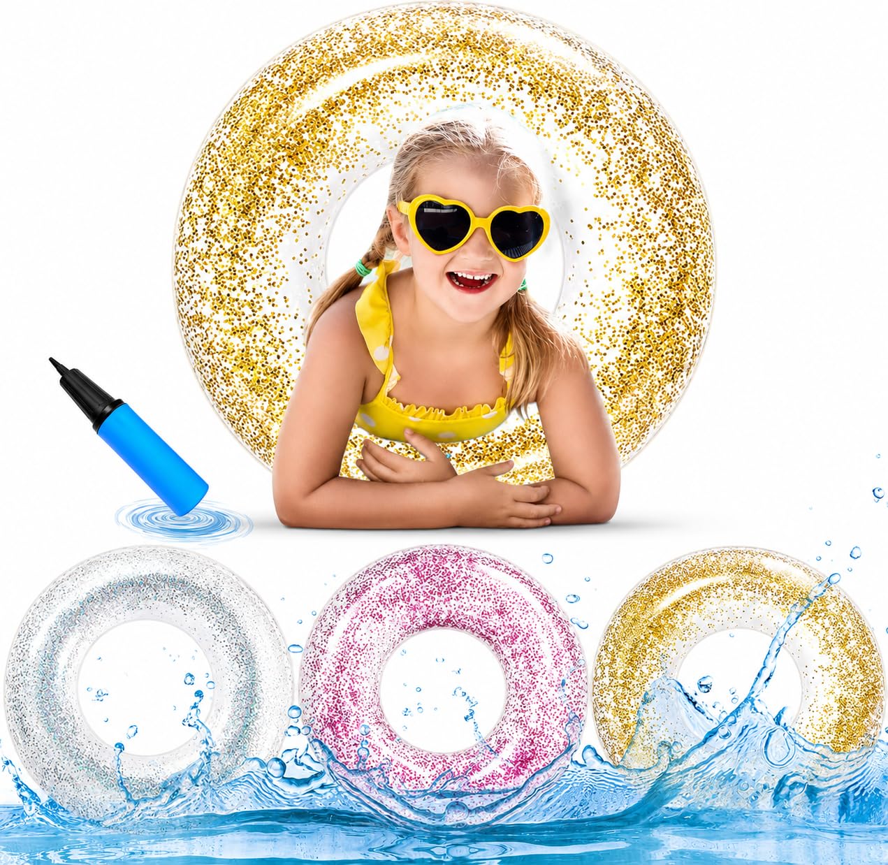 Anas Pool Floats Rings, Inflatable Swimming Pool Floating Rings, Summer Fun Glitter Multicolor Swim Tube Pool Floaties, Summer Outdoor Floats 3 Pack
