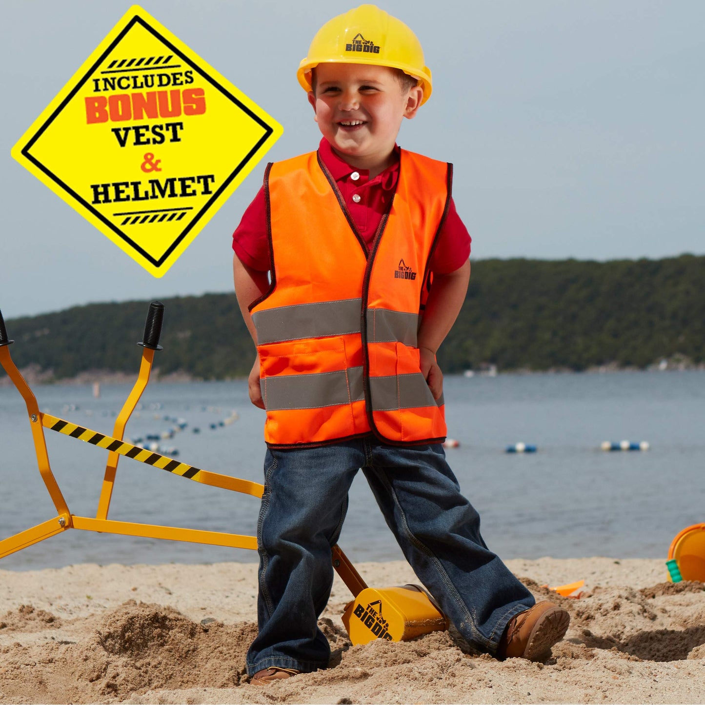 The Big Dig Sandbox Digger Excavator Ride On Crane, Safety Vest & Helmet Bundle Outdoor Pretend Play Construction Toy with 360 Degree Rotating Boom