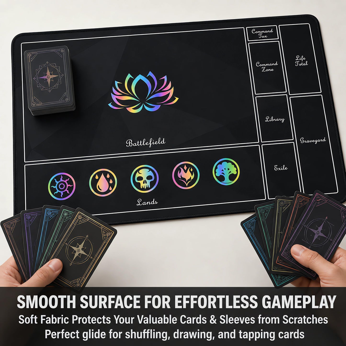 Auralvia Holographic TCG Playmat Compatible with MTG - 24x14 Iridescent Rainbow Foil Card Game Mat, Borderless 5-Element Art, Stitched Edges