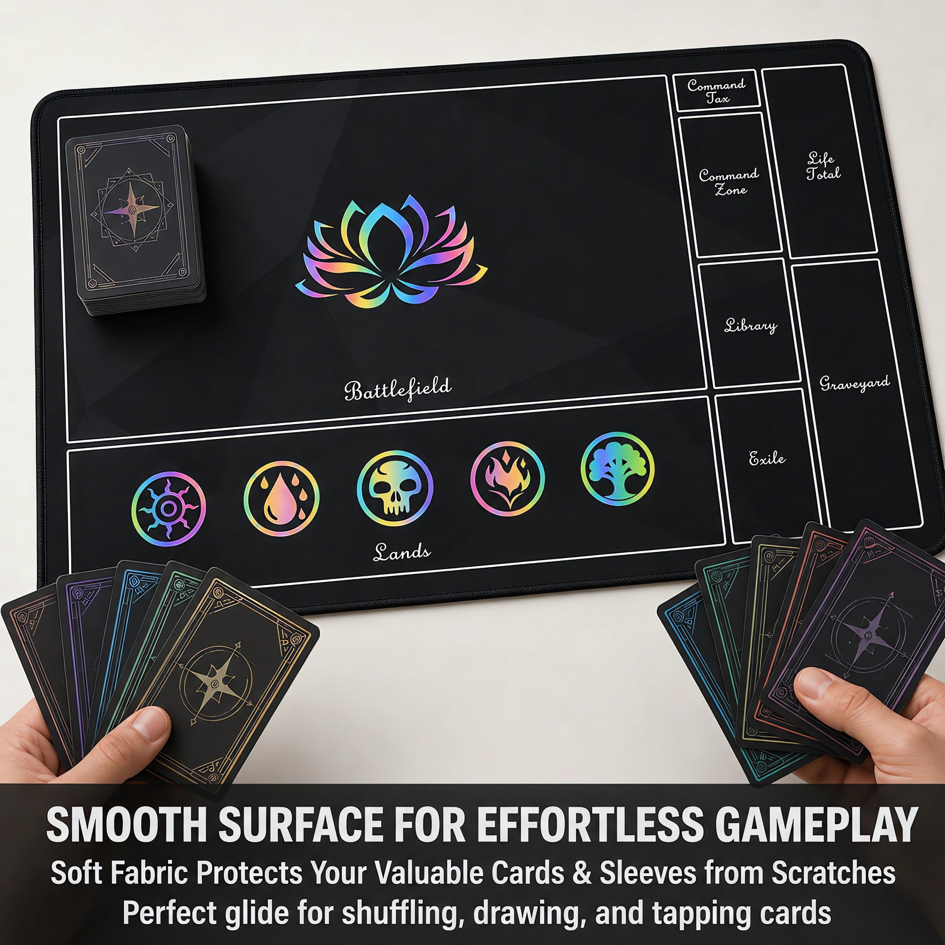 Auralvia Holographic TCG Playmat Compatible with MTG - 24x14 Iridescent Rainbow Foil Card Game Mat, Borderless 5-Element Art, Stitched Edges