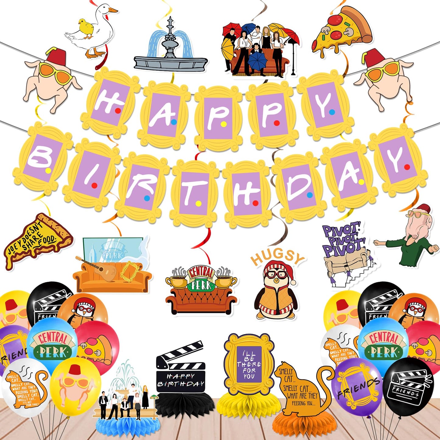 Friends Themed Party Decorations Banner Friends Party Decorations Friends TV Show Decorations Hanging Swirls Balloons Honeycomb Centerpieces