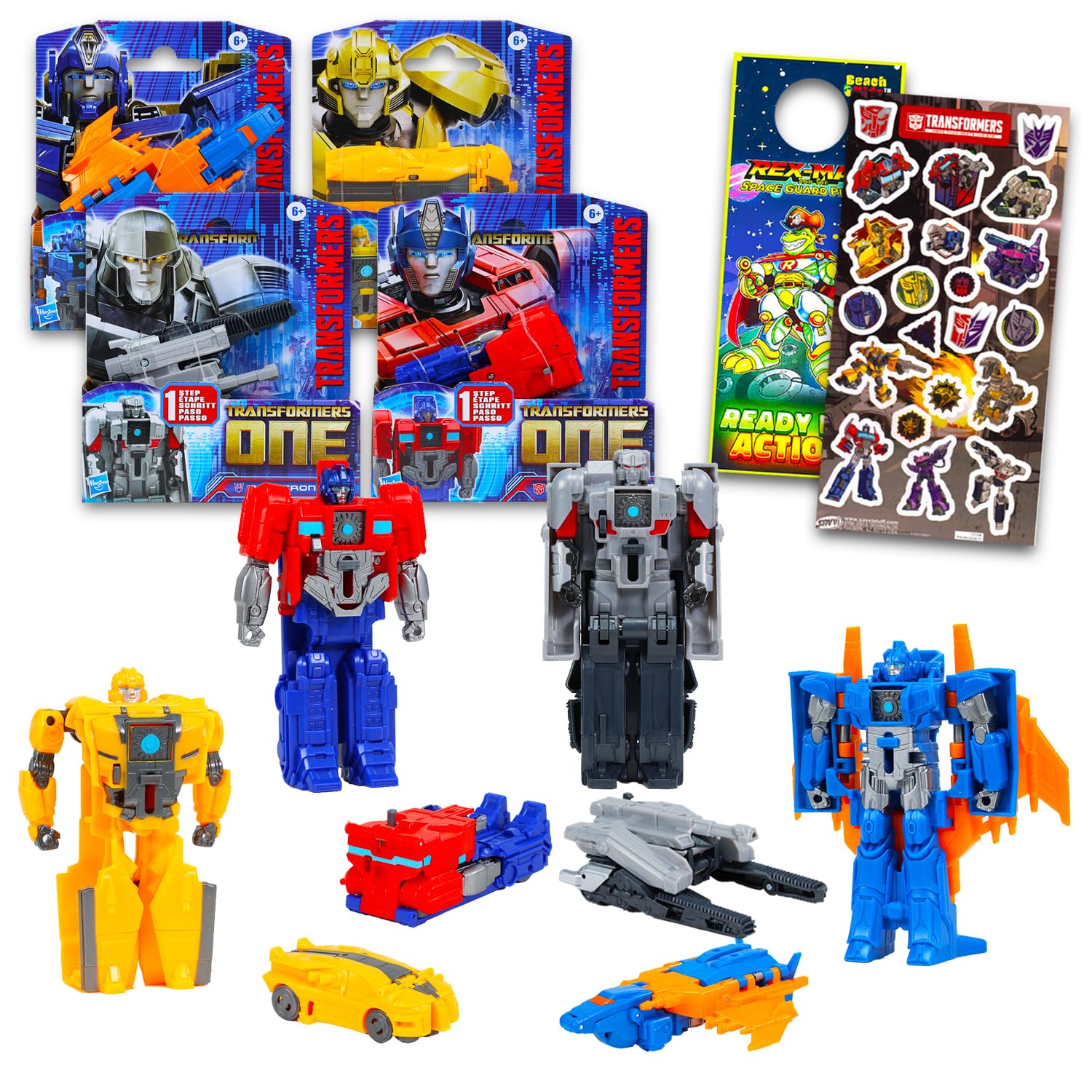 Transformers 1 Step Flip Changers Earthspark Action Figure Set - Bundle of 4 Toys: Wheeljack, Optimus Prime, Megatron, Terran Twitch, Stickers, More