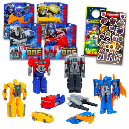 Transformers 1 Step Flip Changers Earthspark Action Figure Set - Bundle of 4 Toys: Wheeljack, Optimus Prime, Megatron, Terran Twitch, Stickers, More