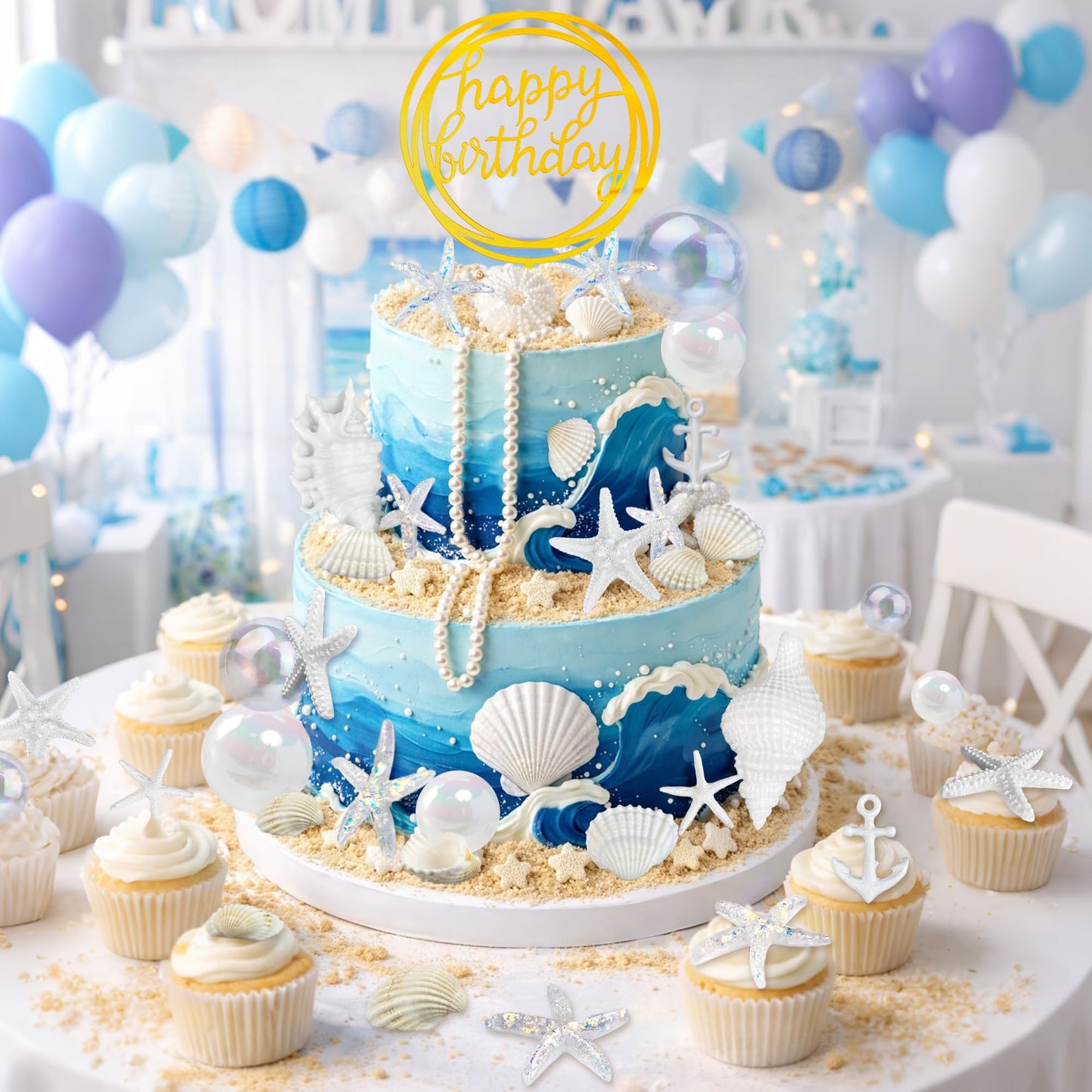 33PCS Shells Cake Toppers Beach Theme Wedding Birthday Cake Decorations Artificial Starfish for Summer Hawaiian Party