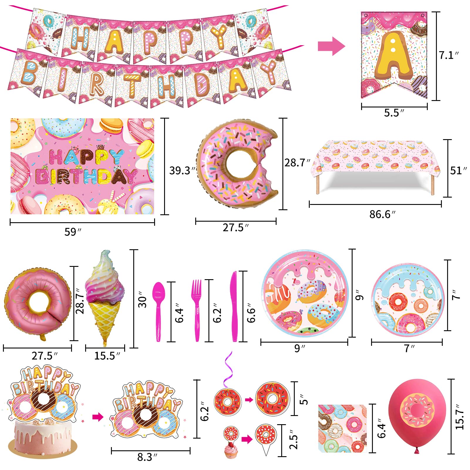 Donut Sweets Birthday Party Supplies, Donut Style Party Decorations Include Happy Birthday Banner, Backdrop, Tableware Set, Tablecloth, Cake Toppers
