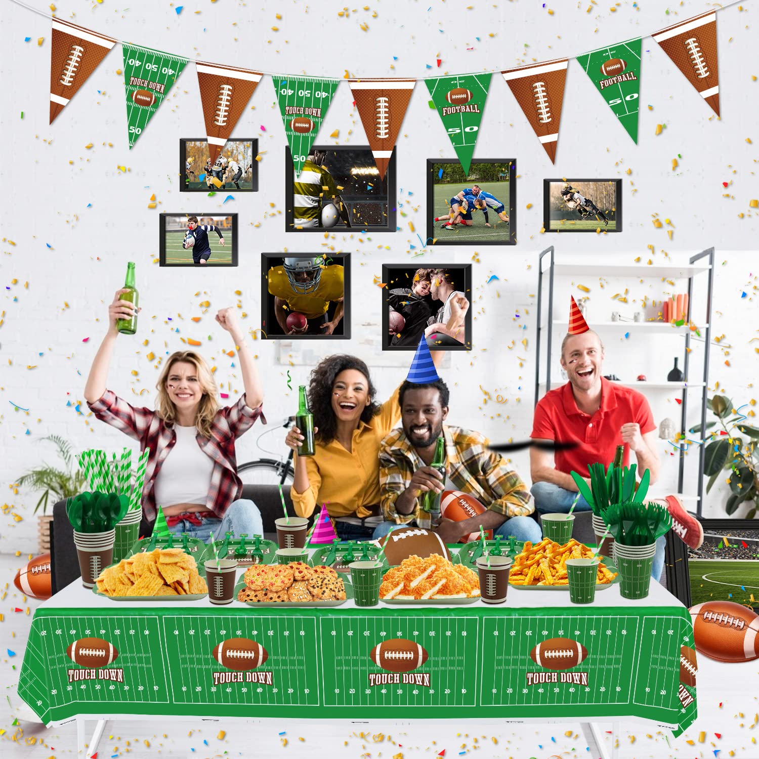 Football Theme Party Supplies - Includes Football Banner, Plates, Napkins, Cup, Tablecloth, Knives, Fork, Spoon and Straws for Boys Sports Theme