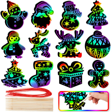 JOYIN 72 Pcs Christmas Scratch Art Ornaments, Rainbow Color Scratch Paper Craft Kit Include Snowman, Christmas Tree, and Reindeer, Scratch Off Hanging