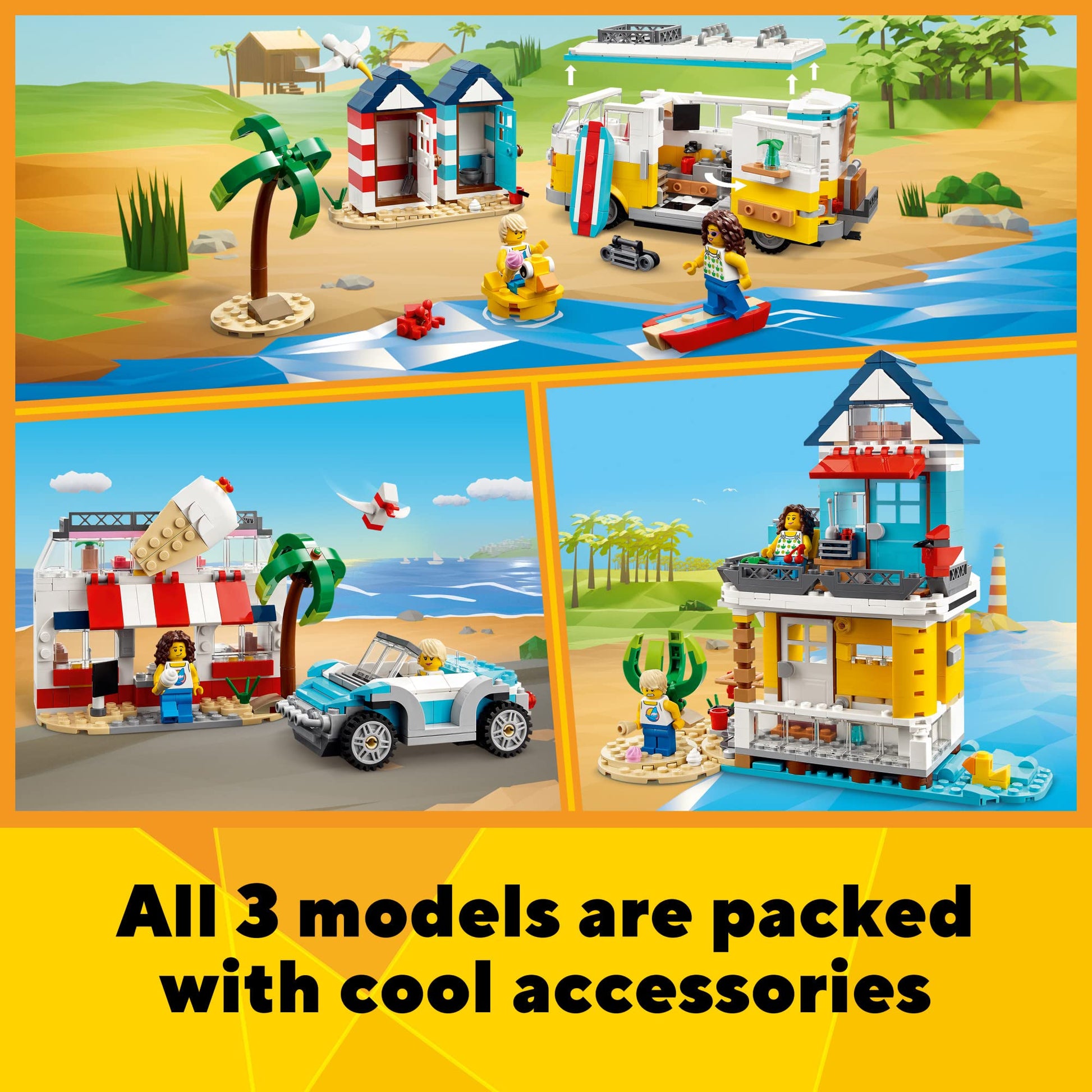 LEGO Creator 3 in 1 Beach Camper Van Building Kit, Transforms from a Campervan to Ice Cream Shop to House, Great Gift for Surfer Boys and Girls