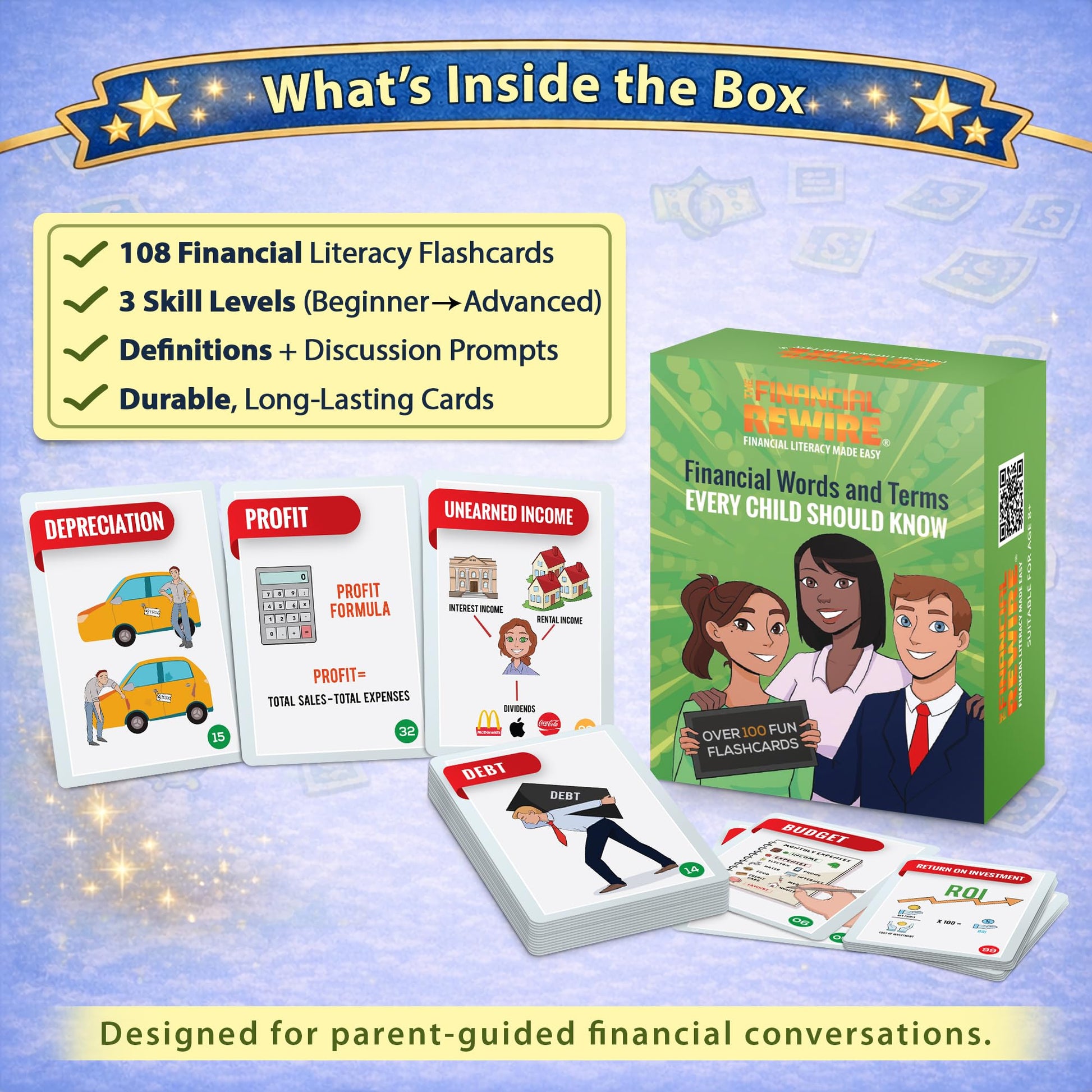 Financial Literacy Flashcards for Kids & Teens | 108 Money & Finance Terms with Images, Definitions & Discussion Prompts | 3 Skill Levels