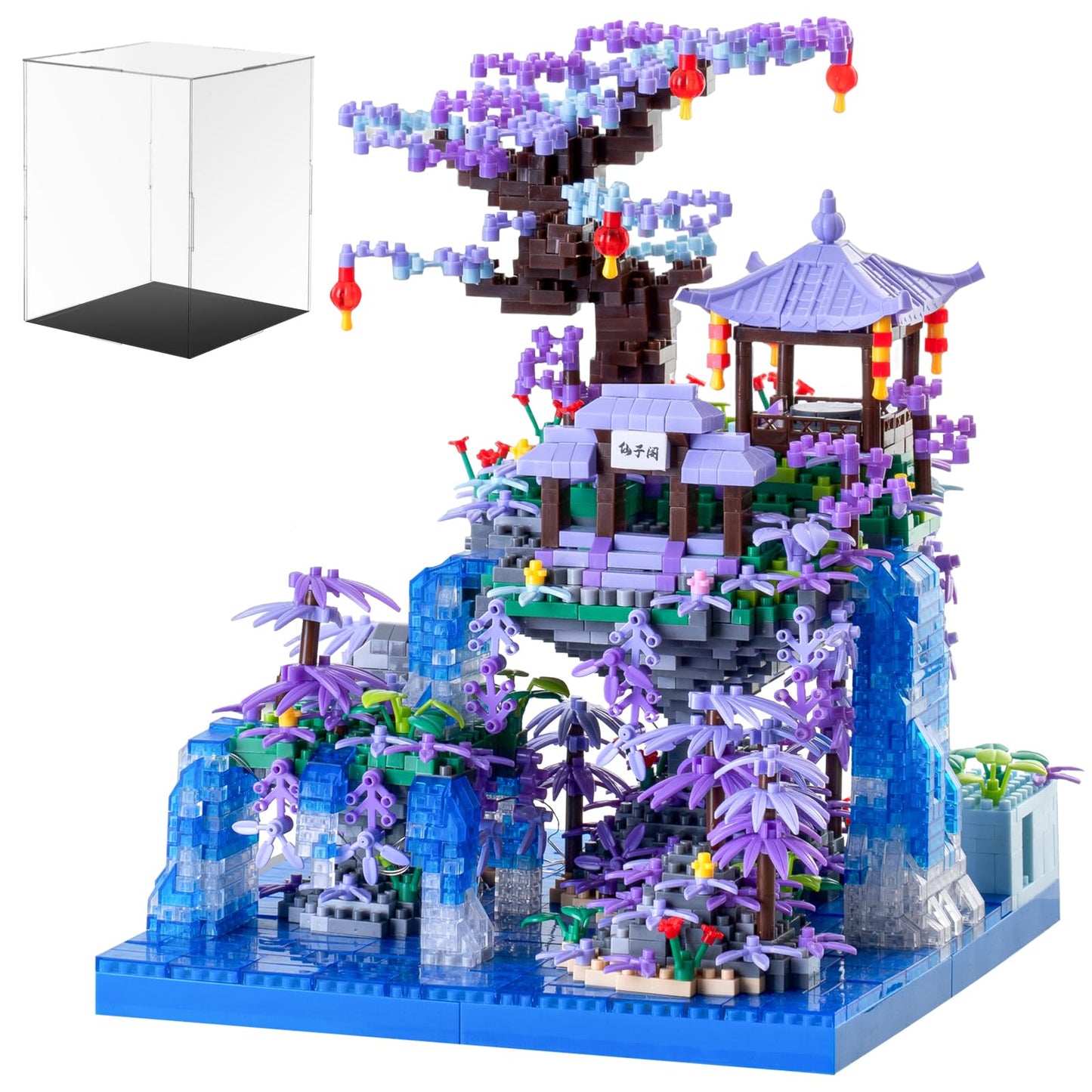 APENGBAOL Peach Blossom Pond Japanese Architecture Building Blocks Set for Adults and Kids with Acrylic Display Cover, Micro Mini Bricks Cherry