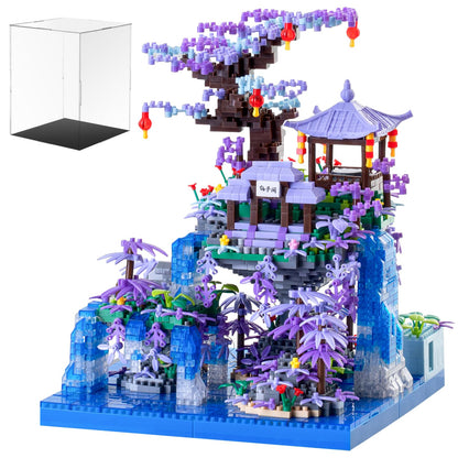 APENGBAOL Peach Blossom Pond Japanese Architecture Building Blocks Set for Adults and Kids with Acrylic Display Cover, Micro Mini Bricks Cherry