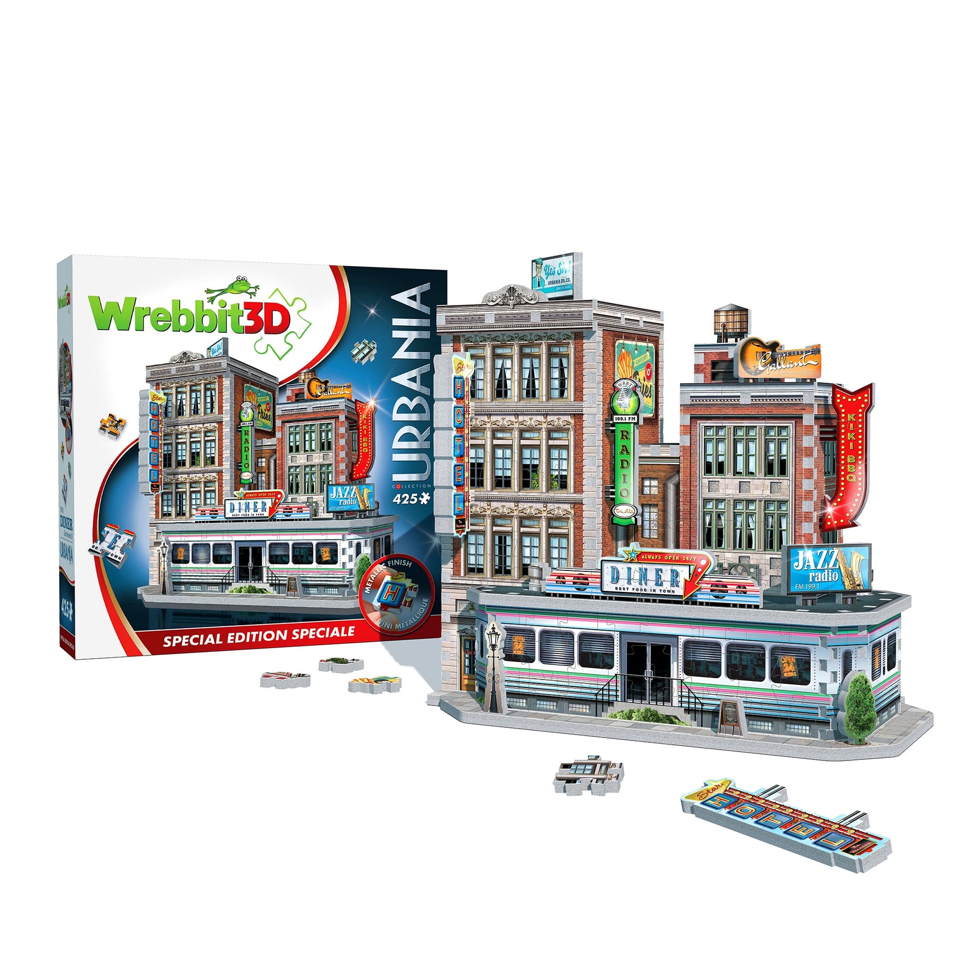 Wrebbit3D 1950's Diner 3D Puzzle | Urbania Collection | 425 Jigsaw Puzzle Pieces | Charming and Unique Streetscape of a Small Town