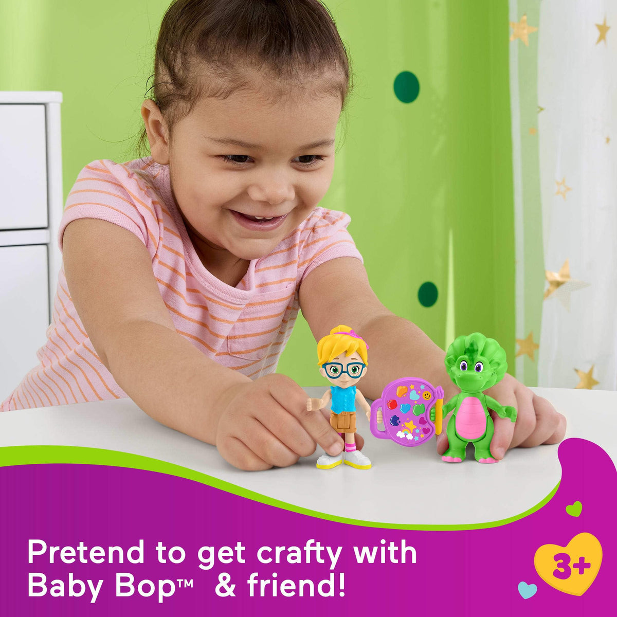 Fisher-Price Barney’s World Preschool Toy Barney’s Friend Vivie & Baby Bop 3-Piece Figure Set for Pretend Play Kids Ages 3+ Years